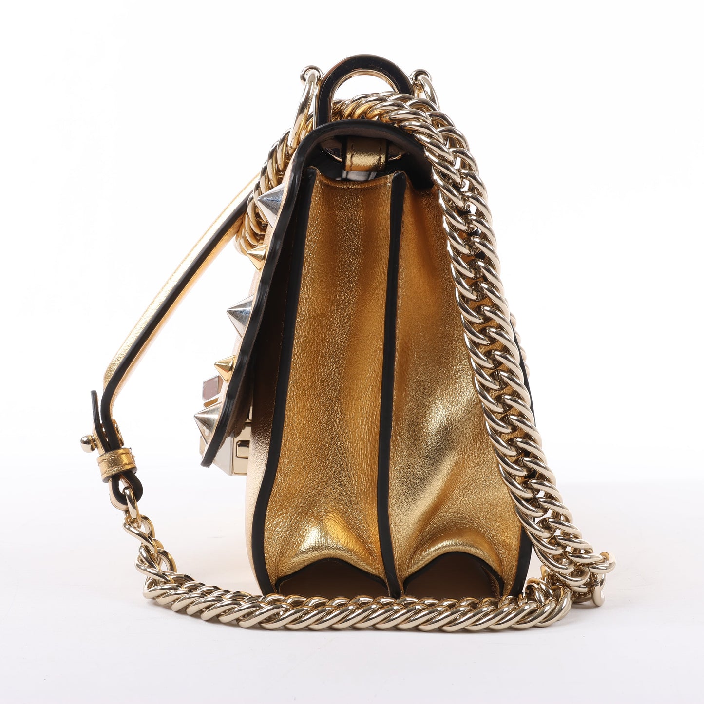 FENDI Mini Kan I Schultertasche aus Leder mit Kette in Gold, 8M0381