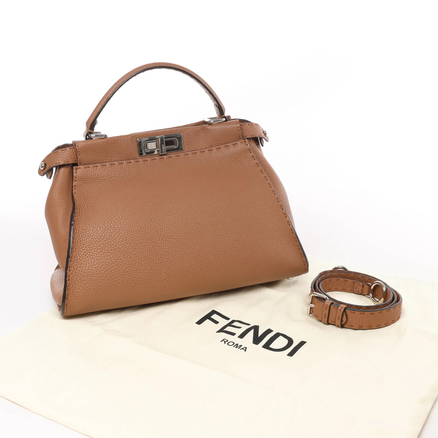 Fendi Peekaboo Regular Selleria Leather 2Way Handbag in Brown 8BN290