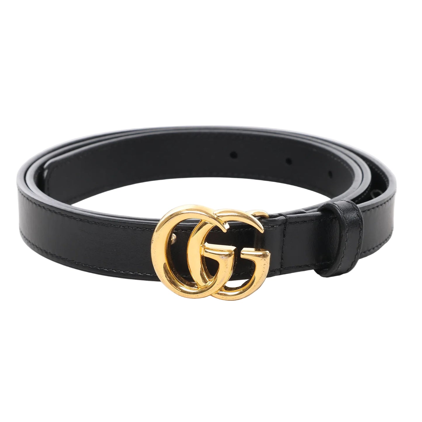 Front view of a black Gucci Double G leather belt in size 95 (38), featuring smooth leather construction with a shiny gold-tone interlocking GG buckle, displayed coiled on a white background.