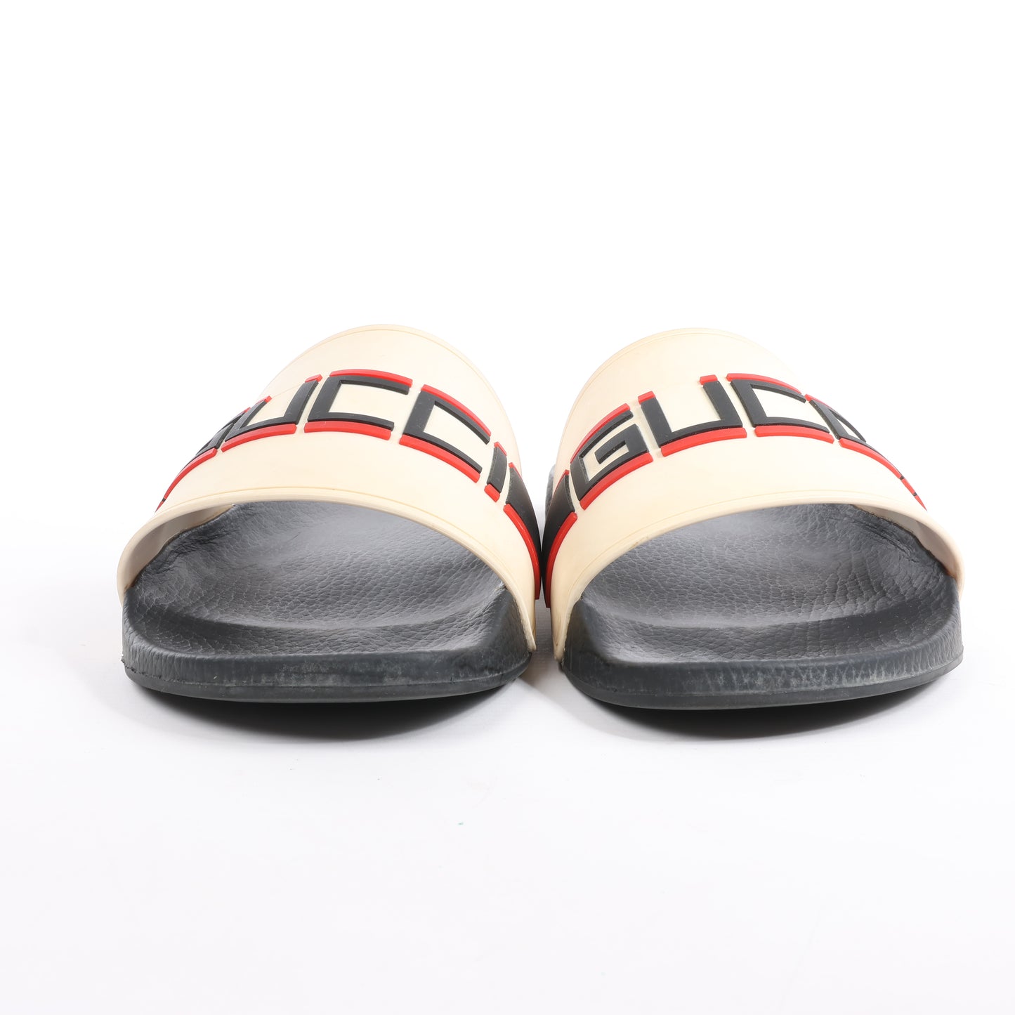 Gucci Pursuit Slides Sandalen, Beige/Schwarz/Rot, Größe 46