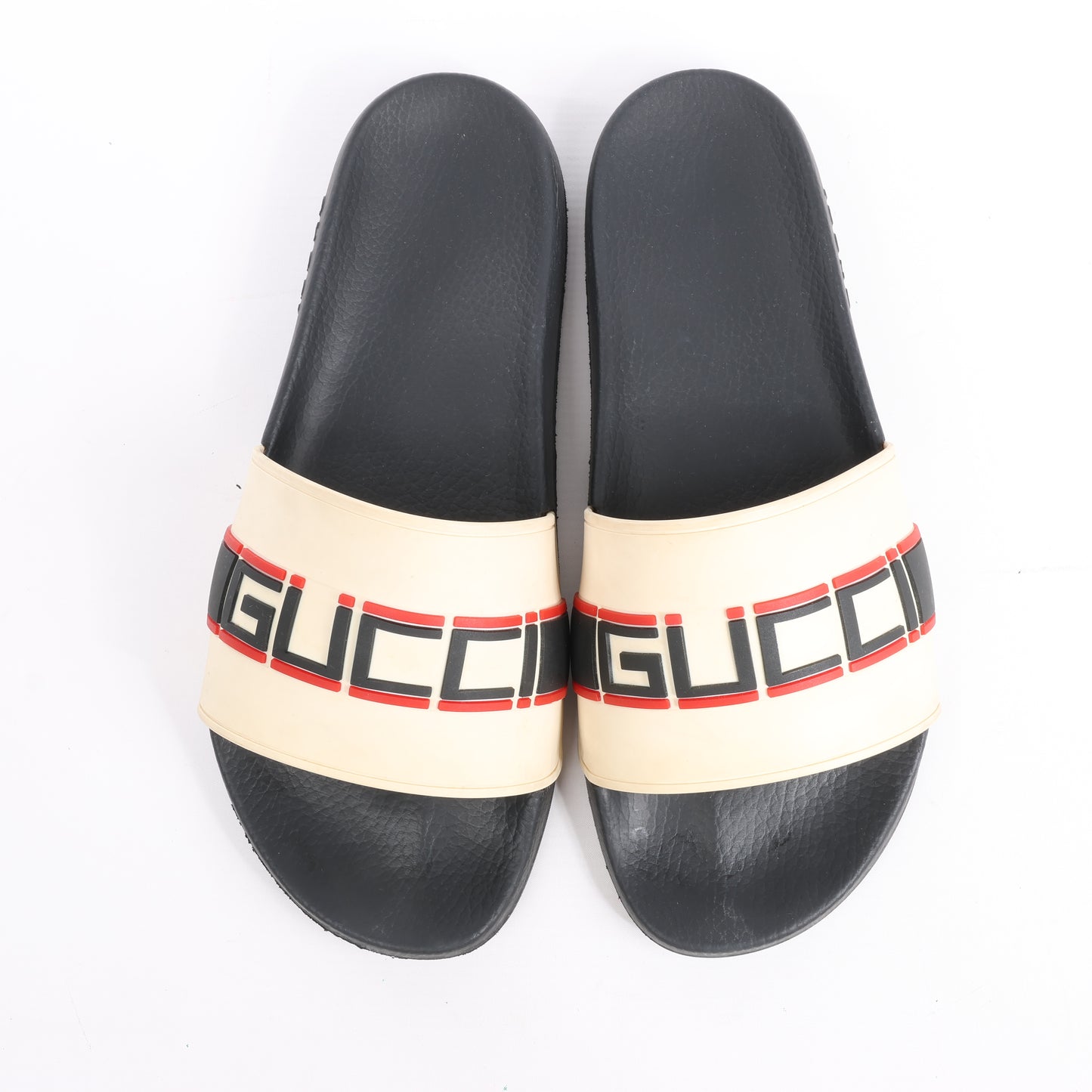 Gucci Pursuit Slides Sandalen, Beige/Schwarz/Rot, Größe 46