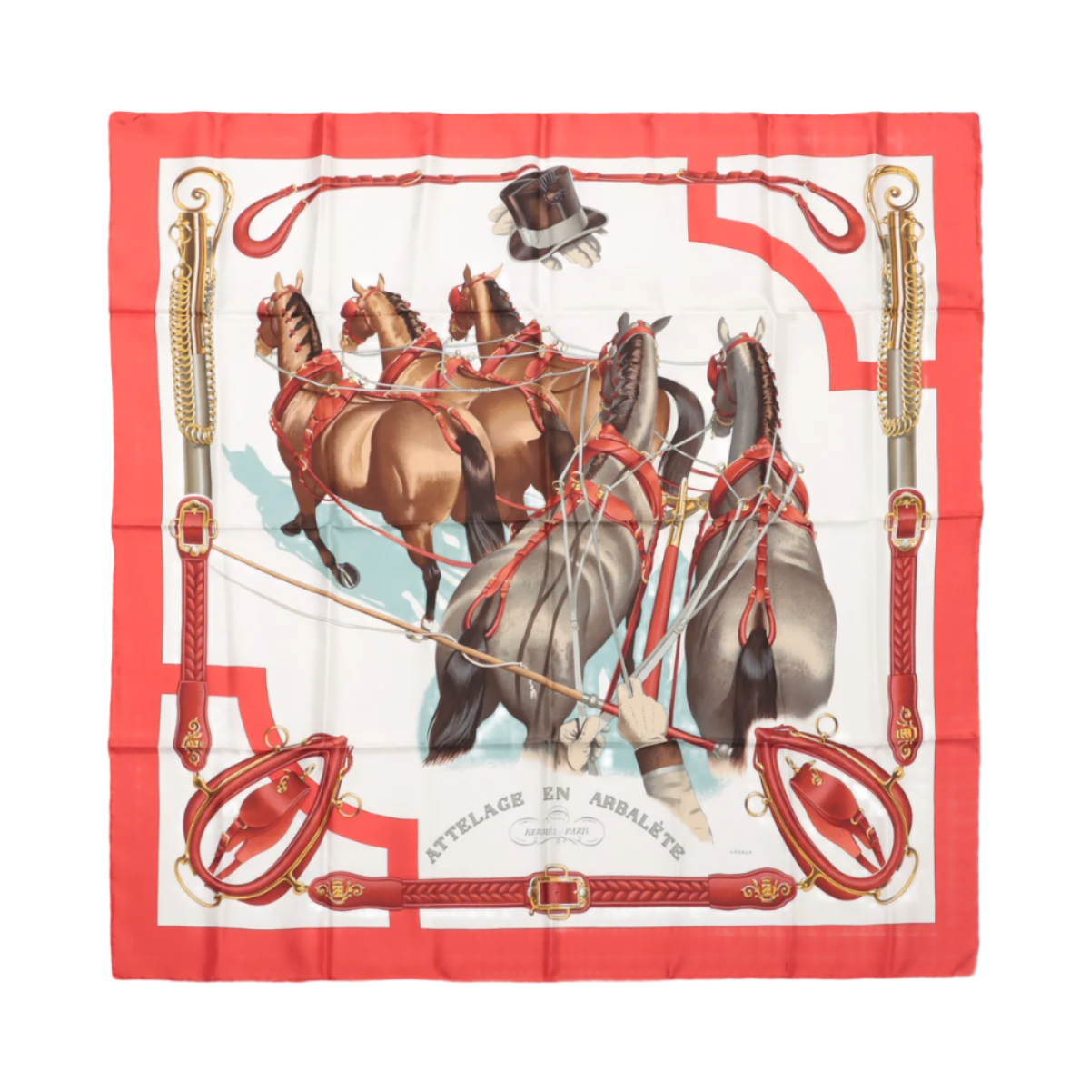 Hermès Carré 90 „ATTELAGE EN ARBALETE“ Seidentaschentuch in Rot