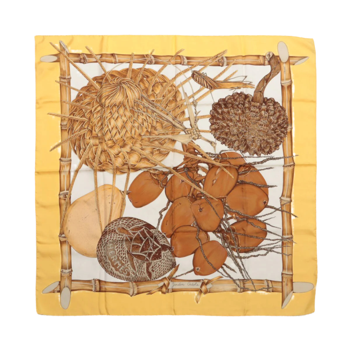 Hermès Carré 90 „Jardin Creole“ 100% Seidenschal in Gelb