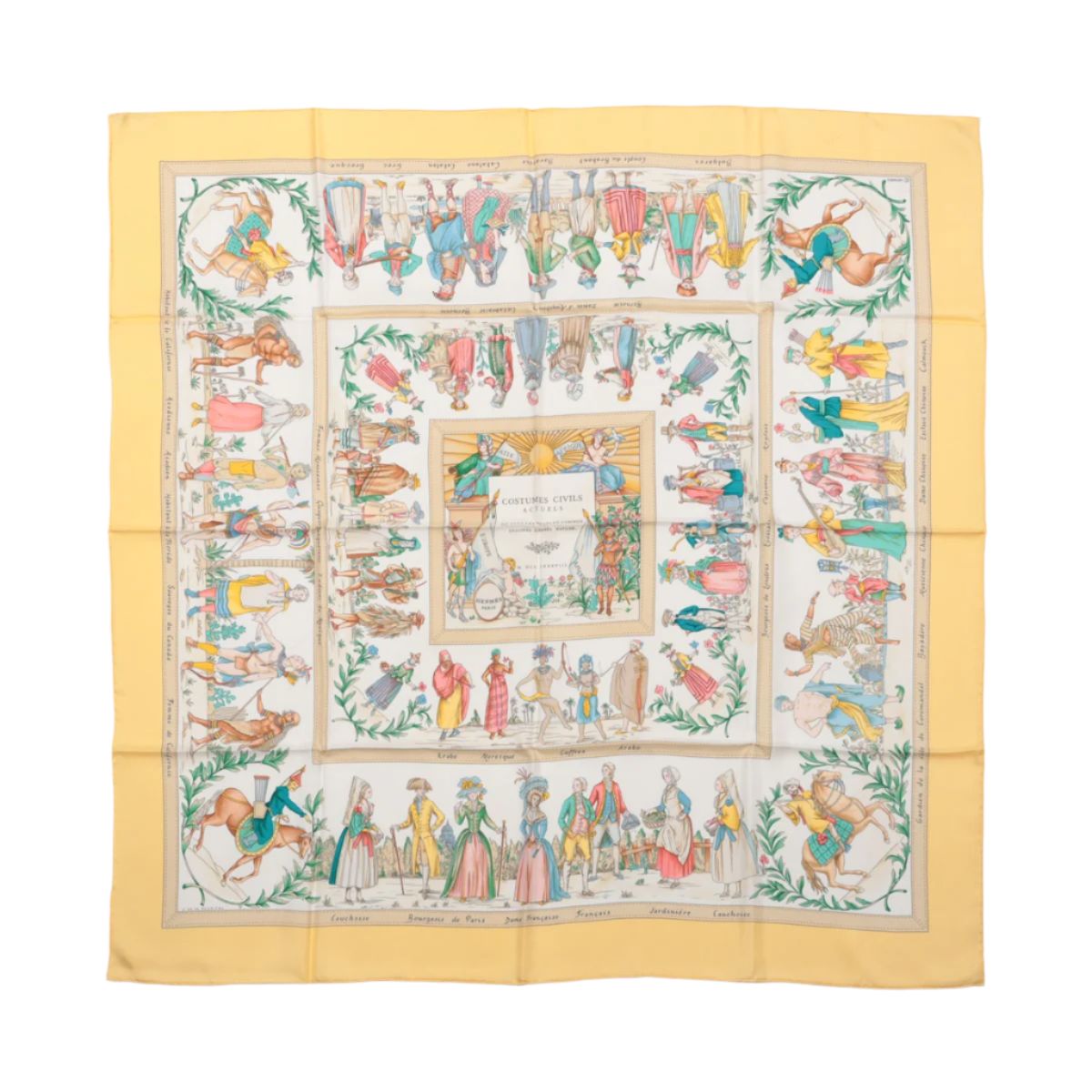 Hermès Carré 90 "COSTUMES CIVILS ACTUELS" 100% Silk Scarf in Beige