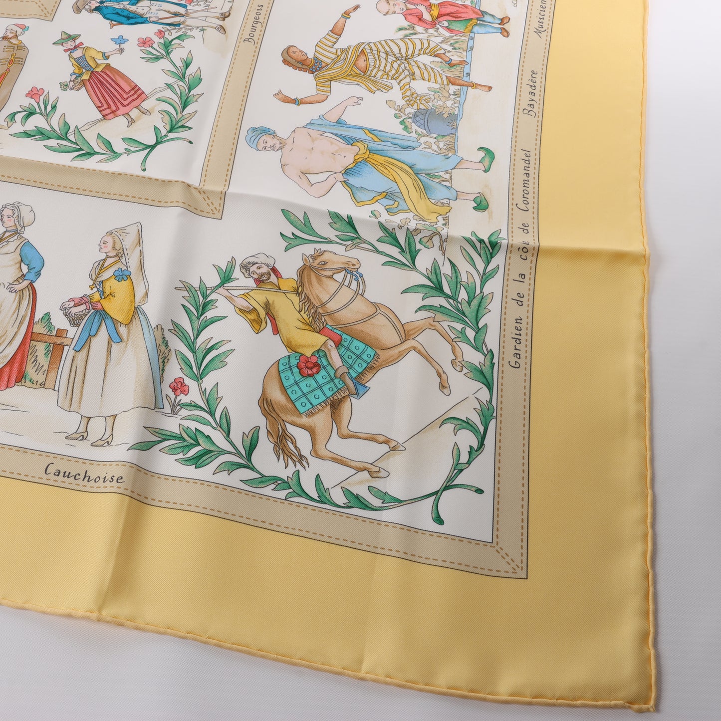 Hermès Carré 90 "COSTUMES CIVILS ACTUELS" 100% Silk Scarf in Beige