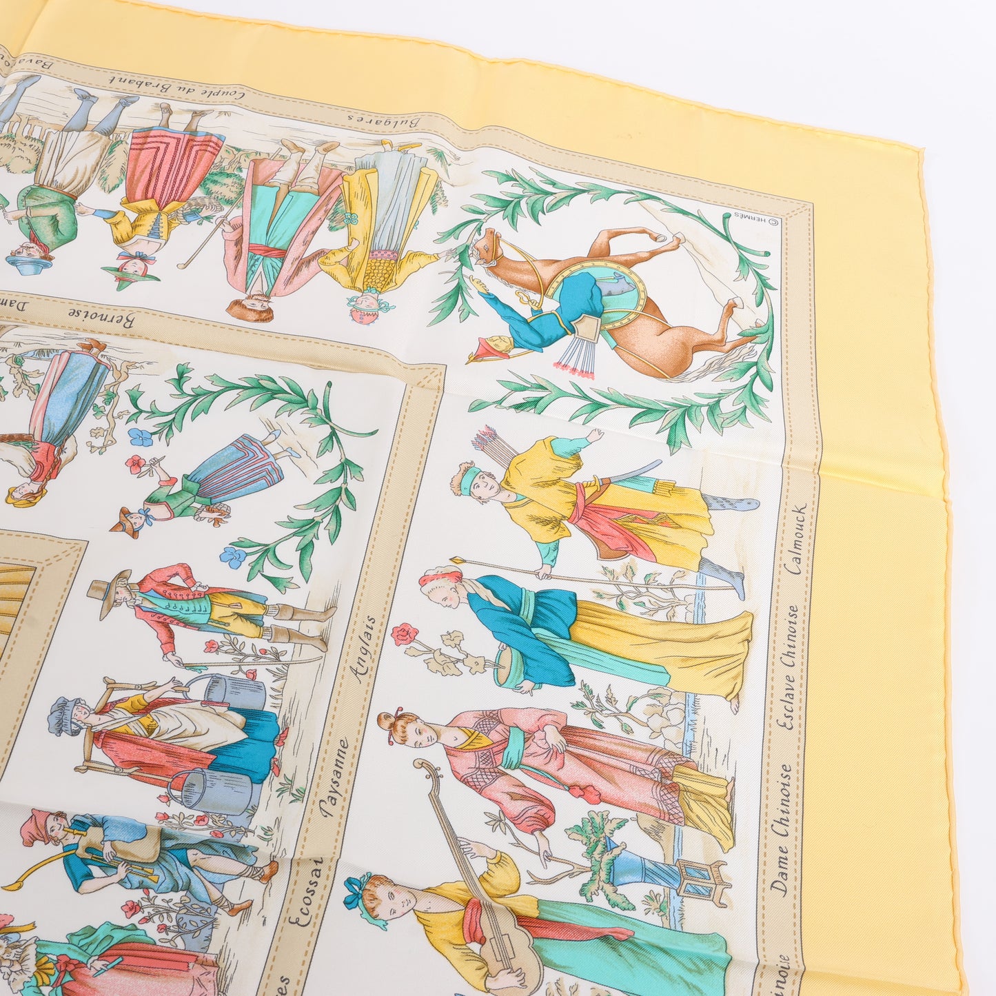 Hermès Carré 90 "COSTUMES CIVILS ACTUELS" 100% Silk Scarf in Beige