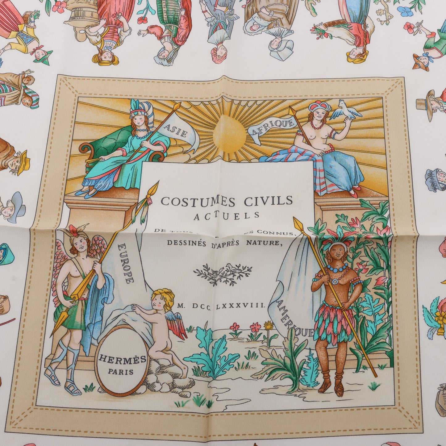 Hermès Carré 90 "COSTUMES CIVILS ACTUELS" 100% Silk Scarf in Beige