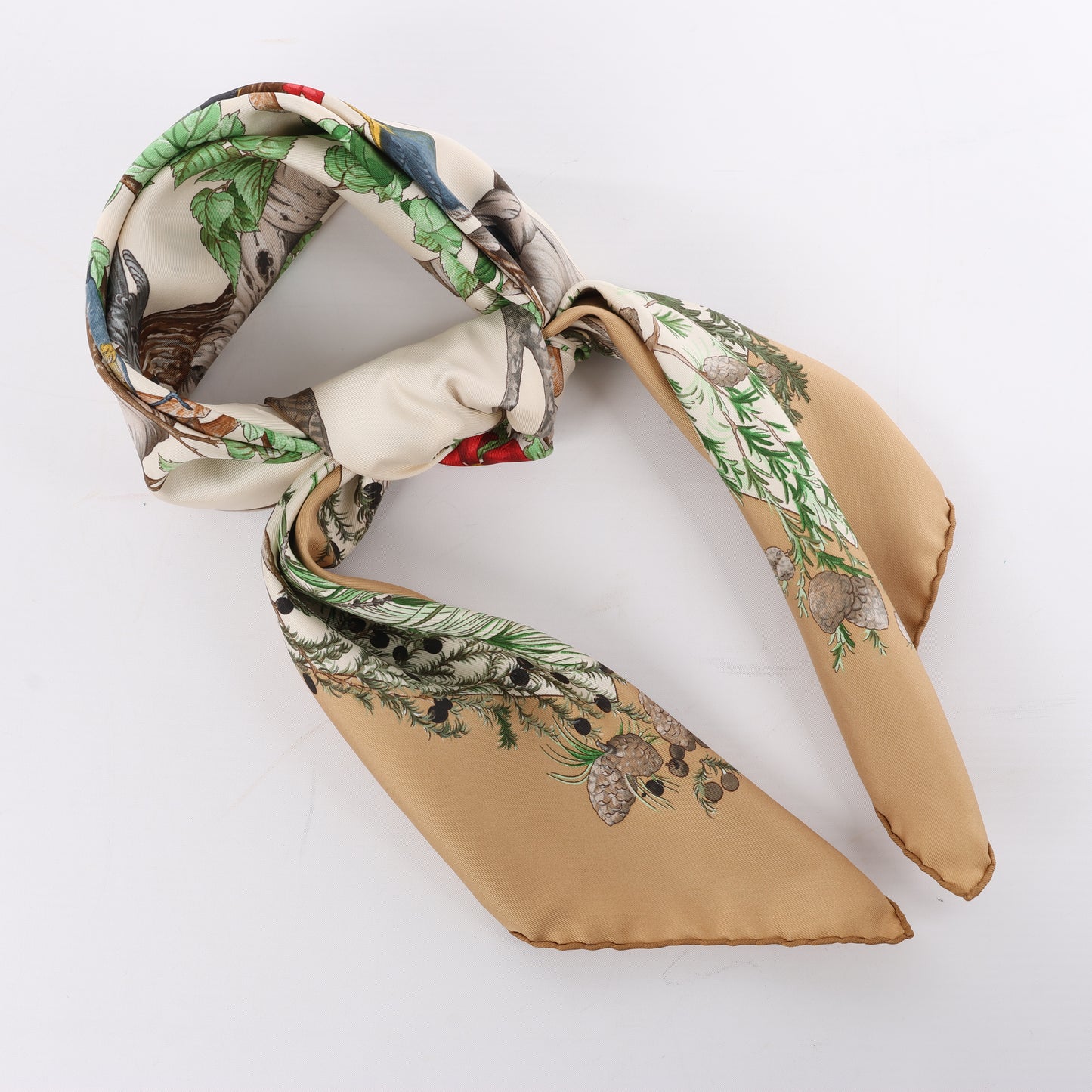 Hermès Carré 90 "AU COEUR DES BOIS" 100% Silk Scarf in Brown