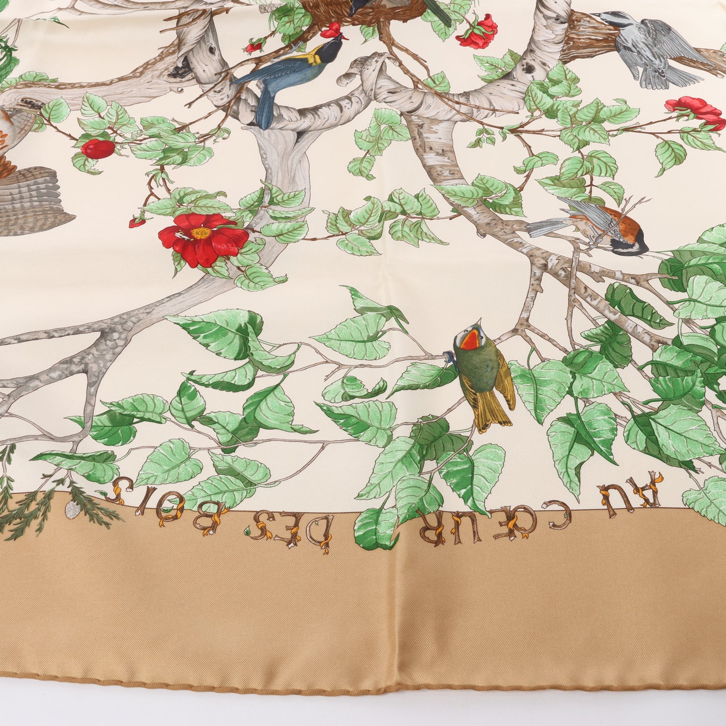 Hermès Carré 90 "AU COEUR DES BOIS" 100% Silk Scarf in Brown