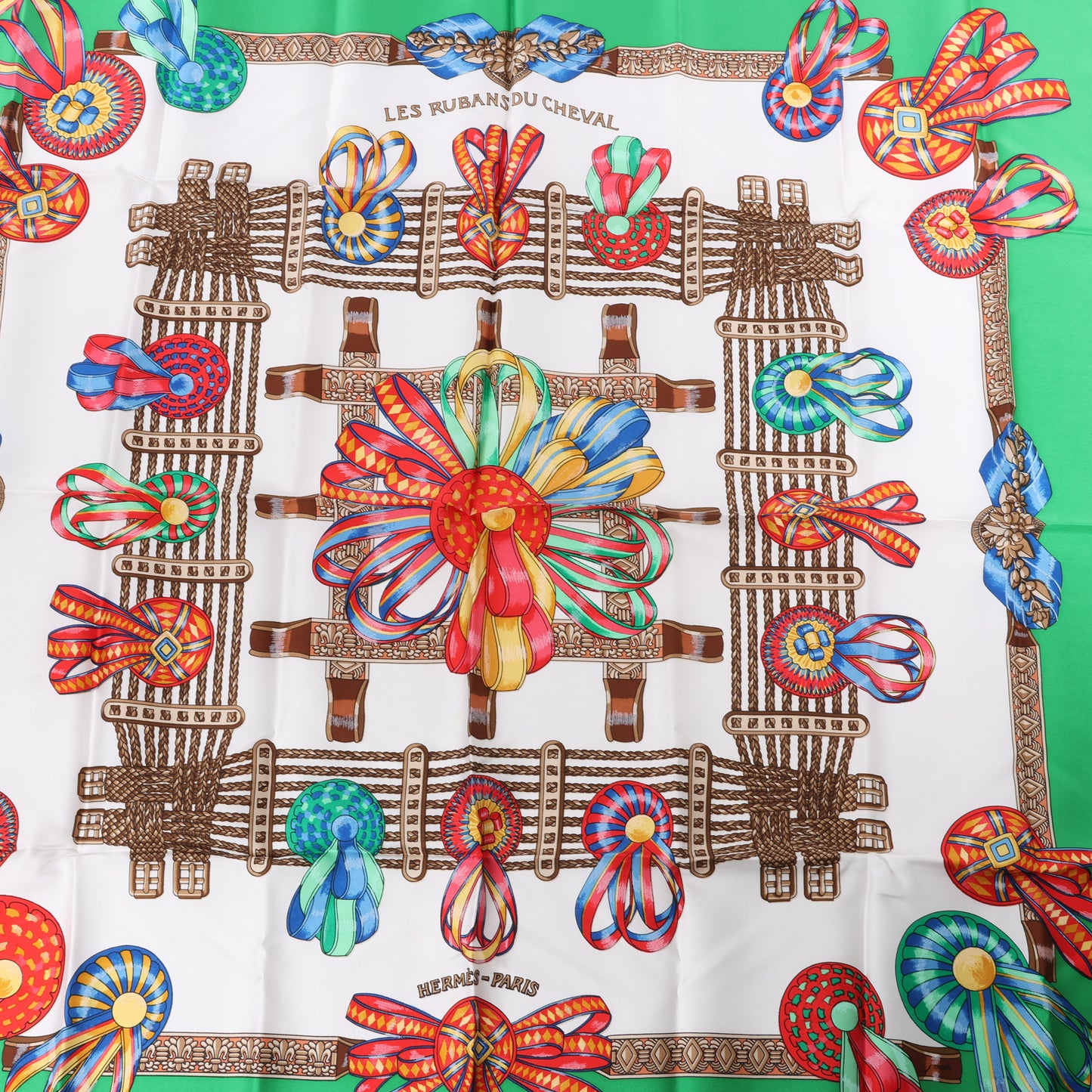 Hermès Carré 90 "Les Rubans du Cheval" 100% Silk Scarf in Green