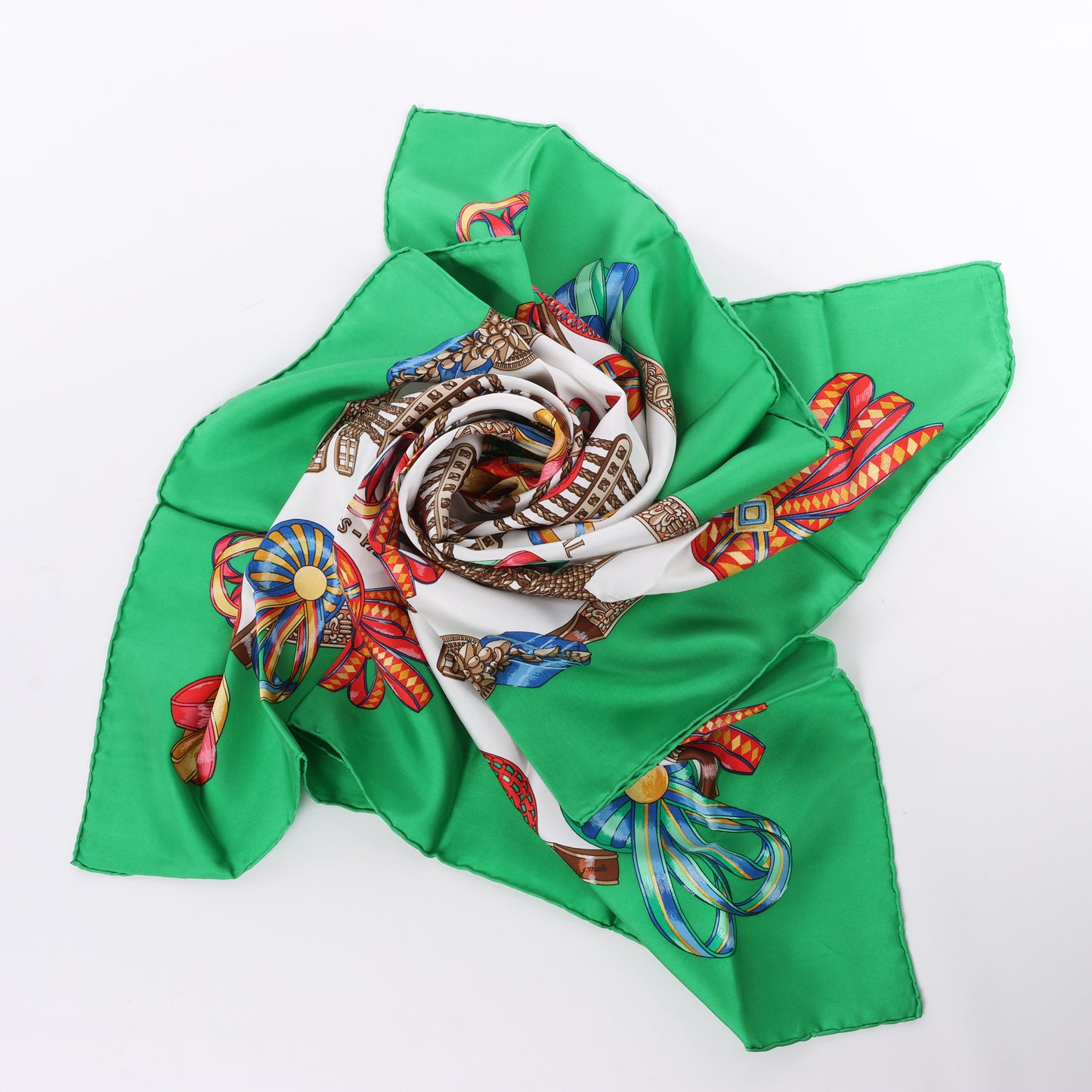 Hermès Carré 90 "Les Rubans du Cheval" 100% Silk Scarf in Green