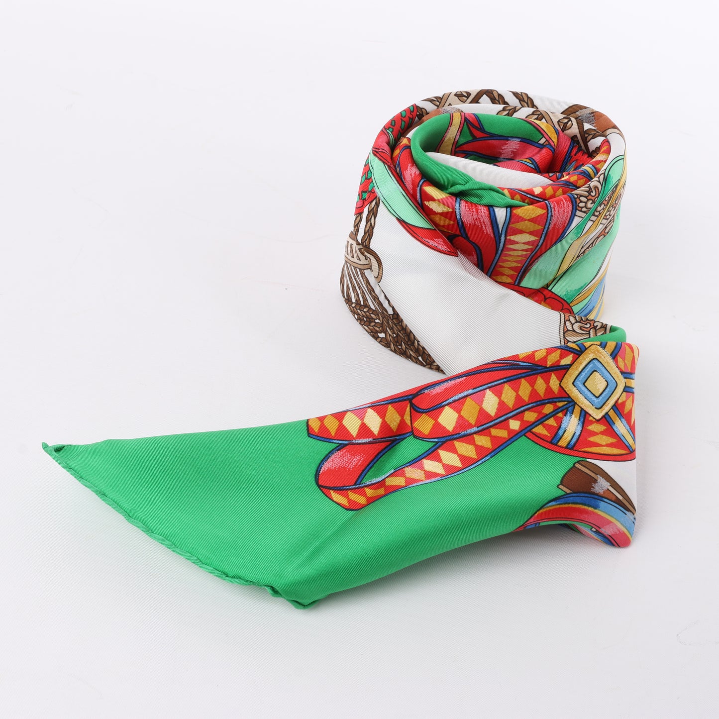 Hermès Carré 90 "Les Rubans du Cheval" 100% Silk Scarf in Green