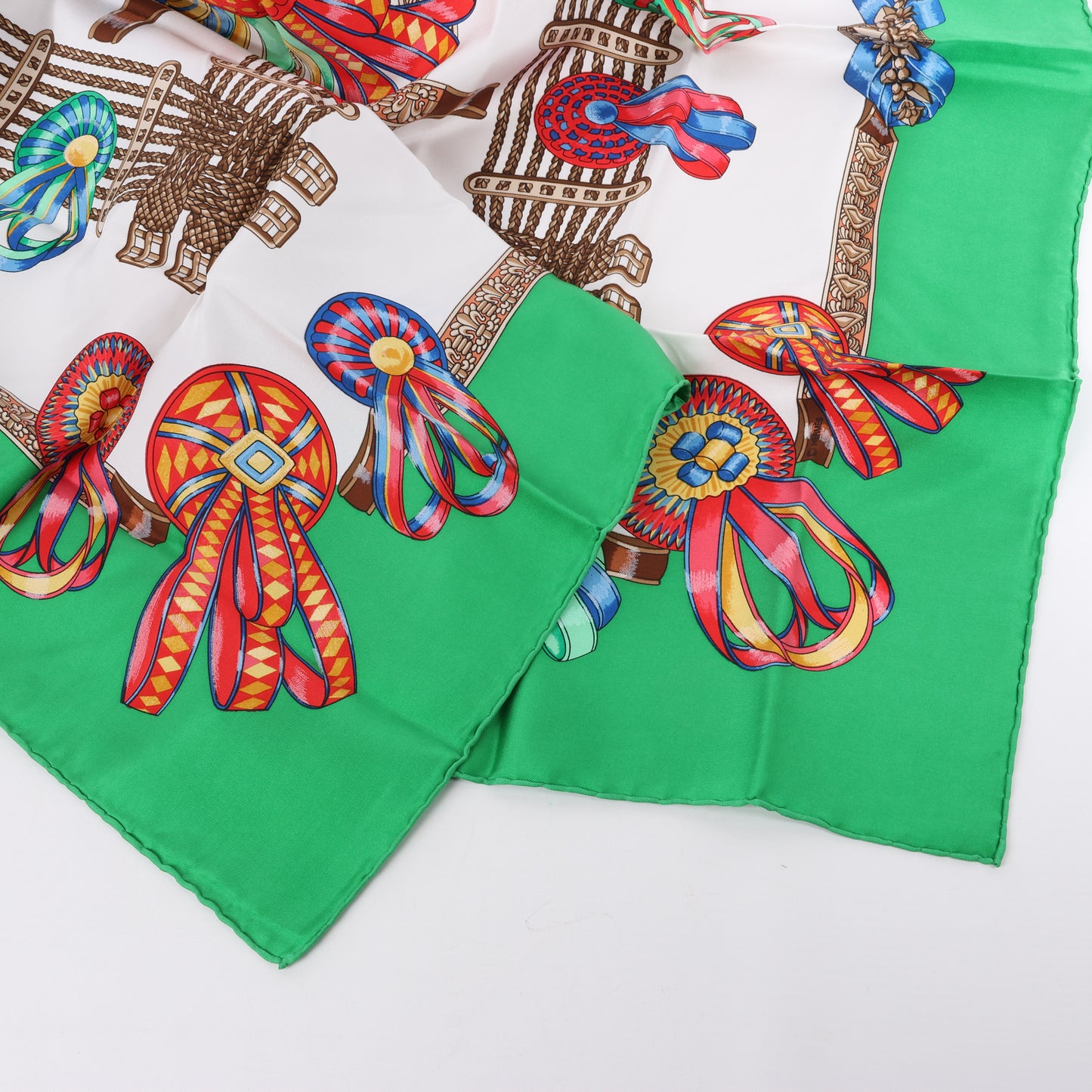Hermès Carré 90 "Les Rubans du Cheval" 100% Silk Scarf in Green