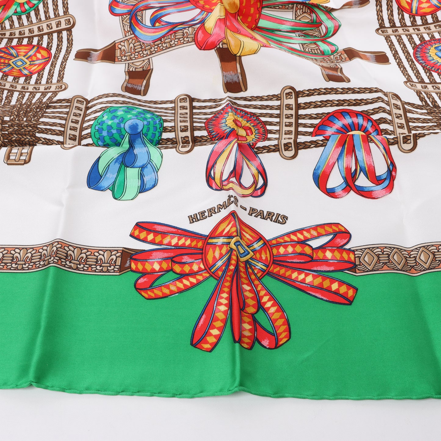 Hermès Carré 90 "Les Rubans du Cheval" 100% Silk Scarf in Green