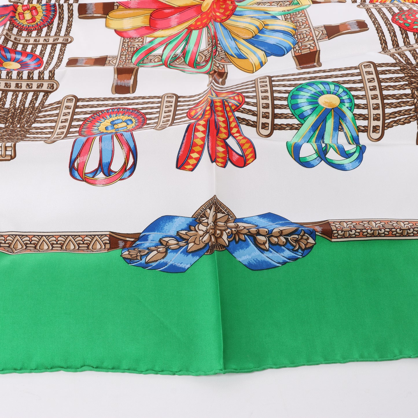 Hermès Carré 90 "Les Rubans du Cheval" 100% Silk Scarf in Green