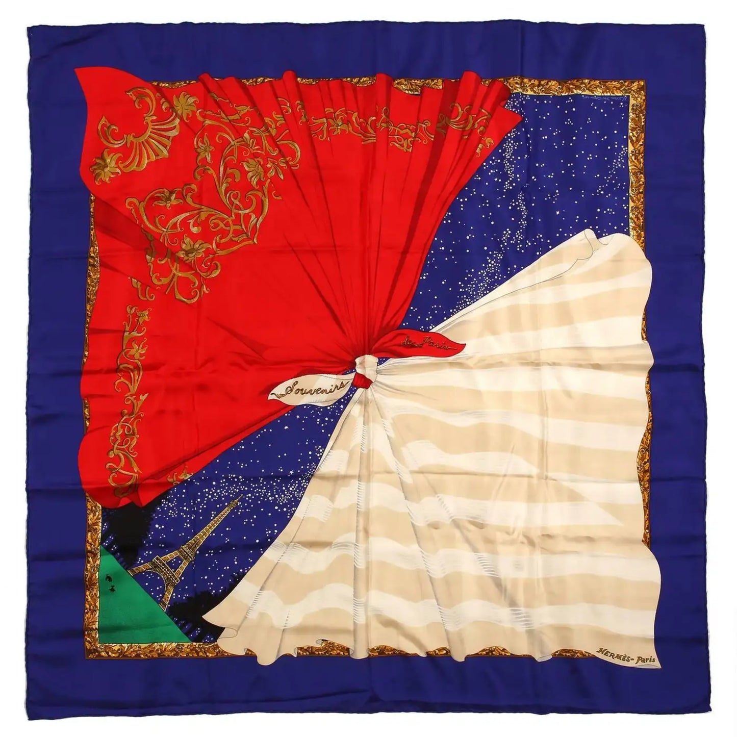 Hermès Carré 90 "Souvenirs de Paris" 100% Silk Scarf in Blue