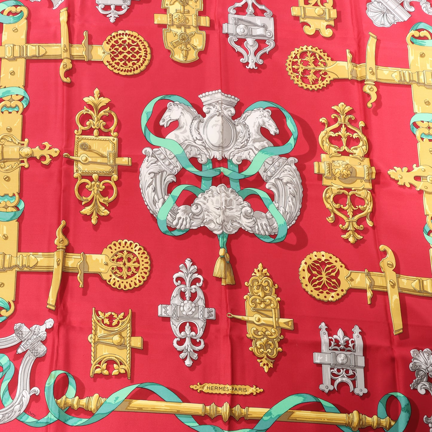 Hermès Carré 90 "Ferronnerie" 100% Silk Scarf in Red