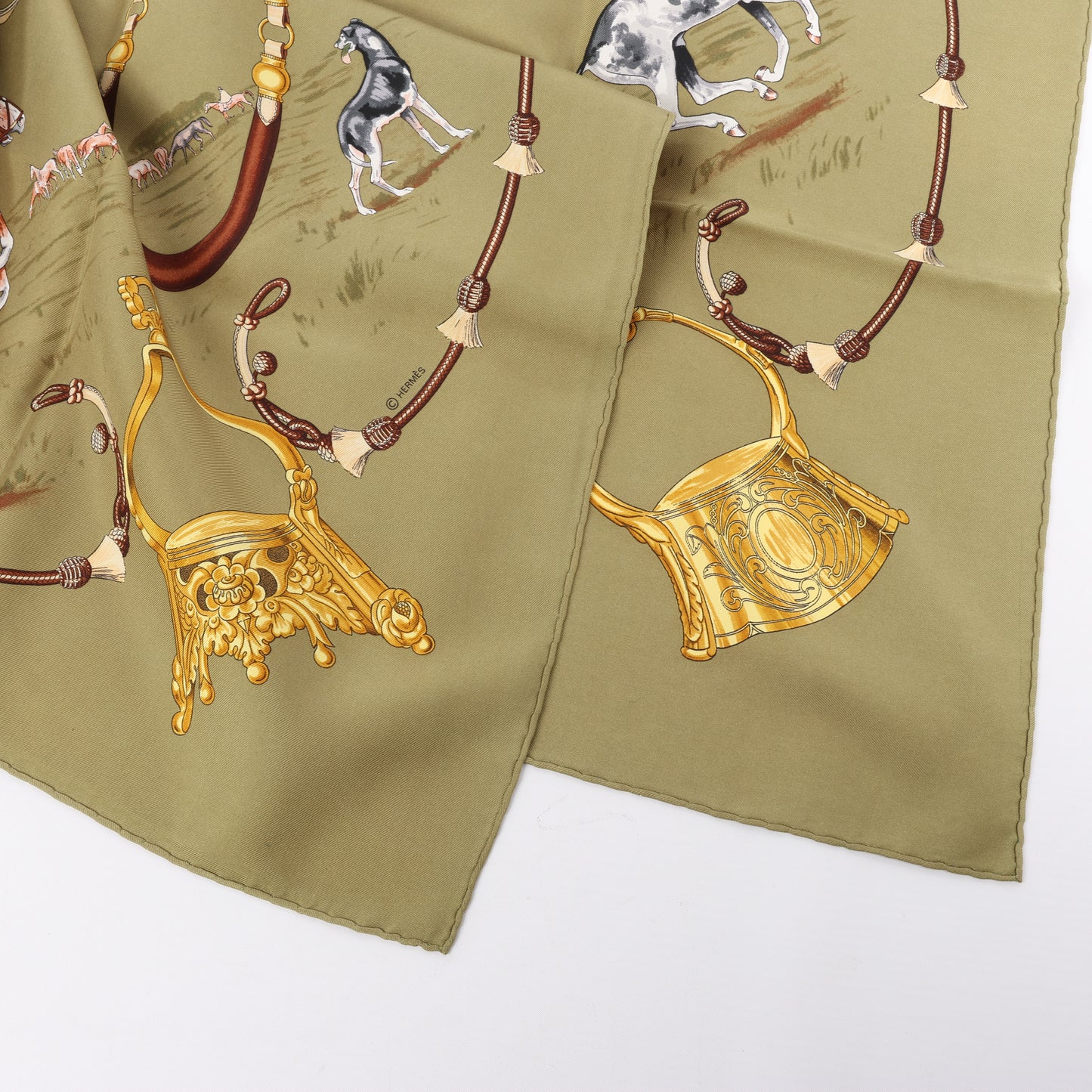 Hermès Carré 90 "Pampa" 100% Silk Scarf in Khaki