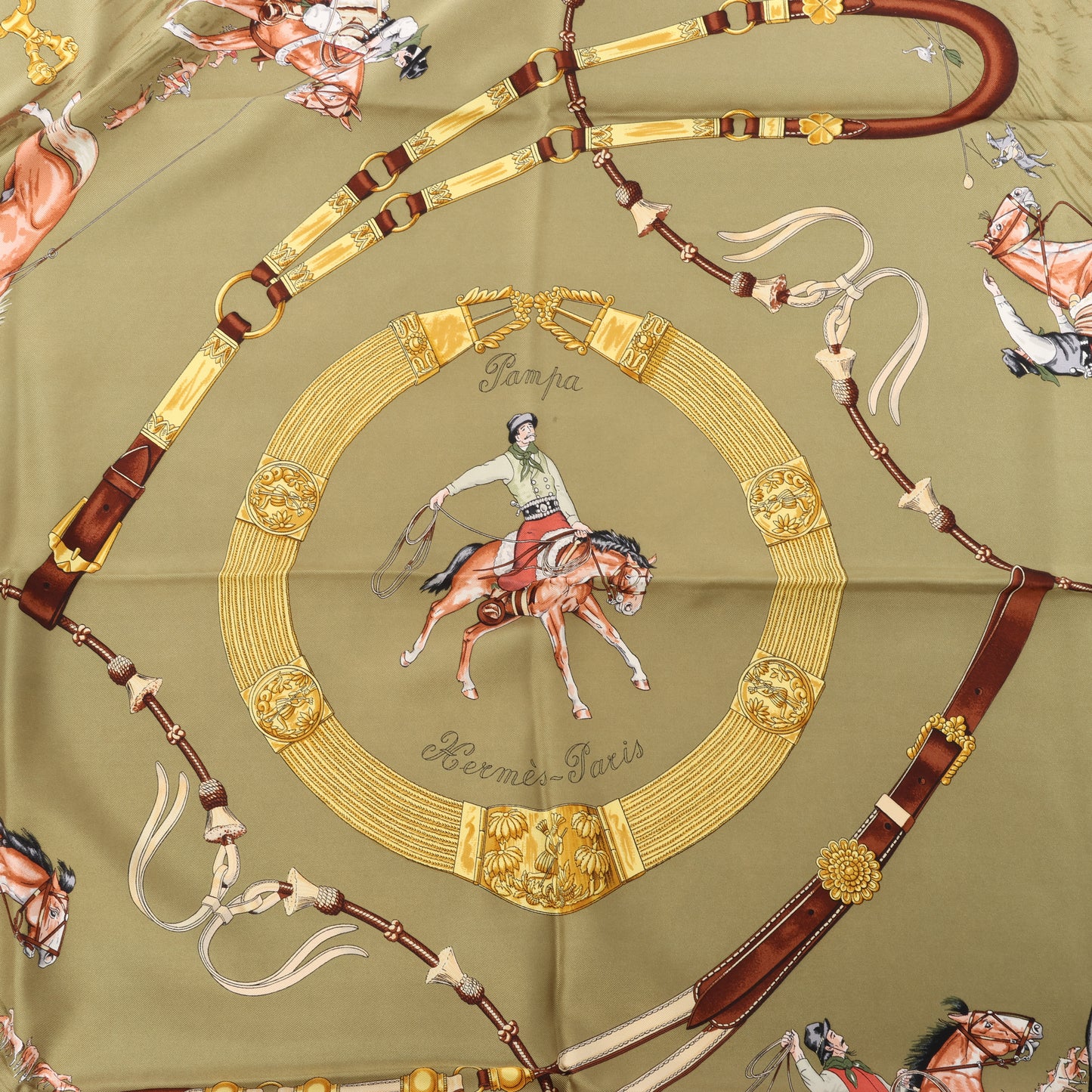 Hermès Carré 90 "Pampa" 100% Silk Scarf in Khaki