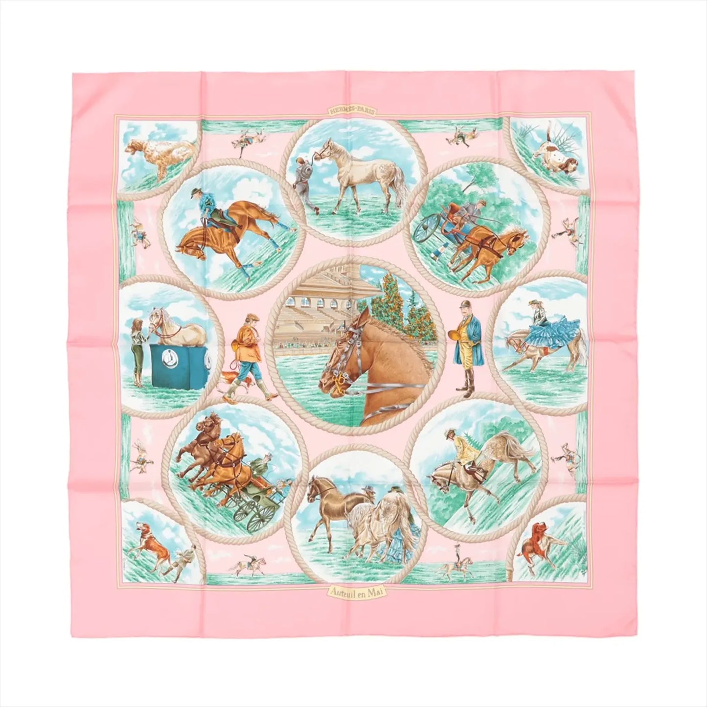 Hermès Carré 90 "Auteuil en Mai" Silk Scarf in pink, featuring equestrian-themed illustrations within circular frames, including horses, riders, and trainers, bordered by a solid pink edge with intricate detailing on soft silk fabric.