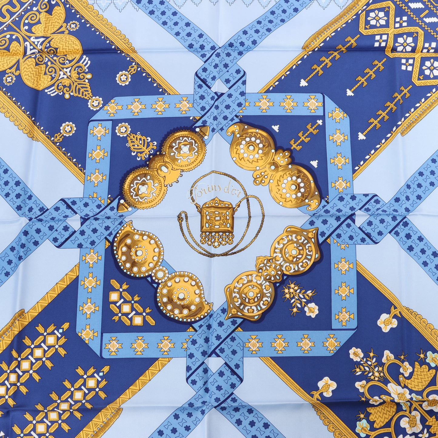 Hermès Carré 90 "Brins d’or Kin" 100% Silk Scarf in Blue