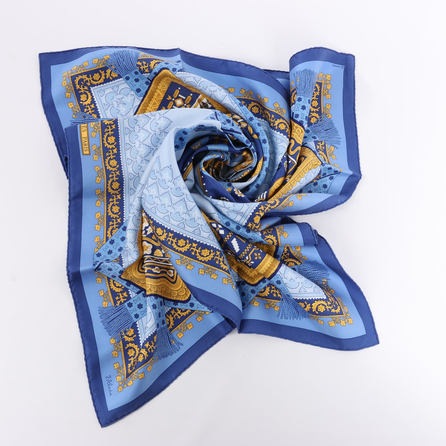 Hermès Carré 90 "Brins d’or Kin" 100% Silk Scarf in Blue