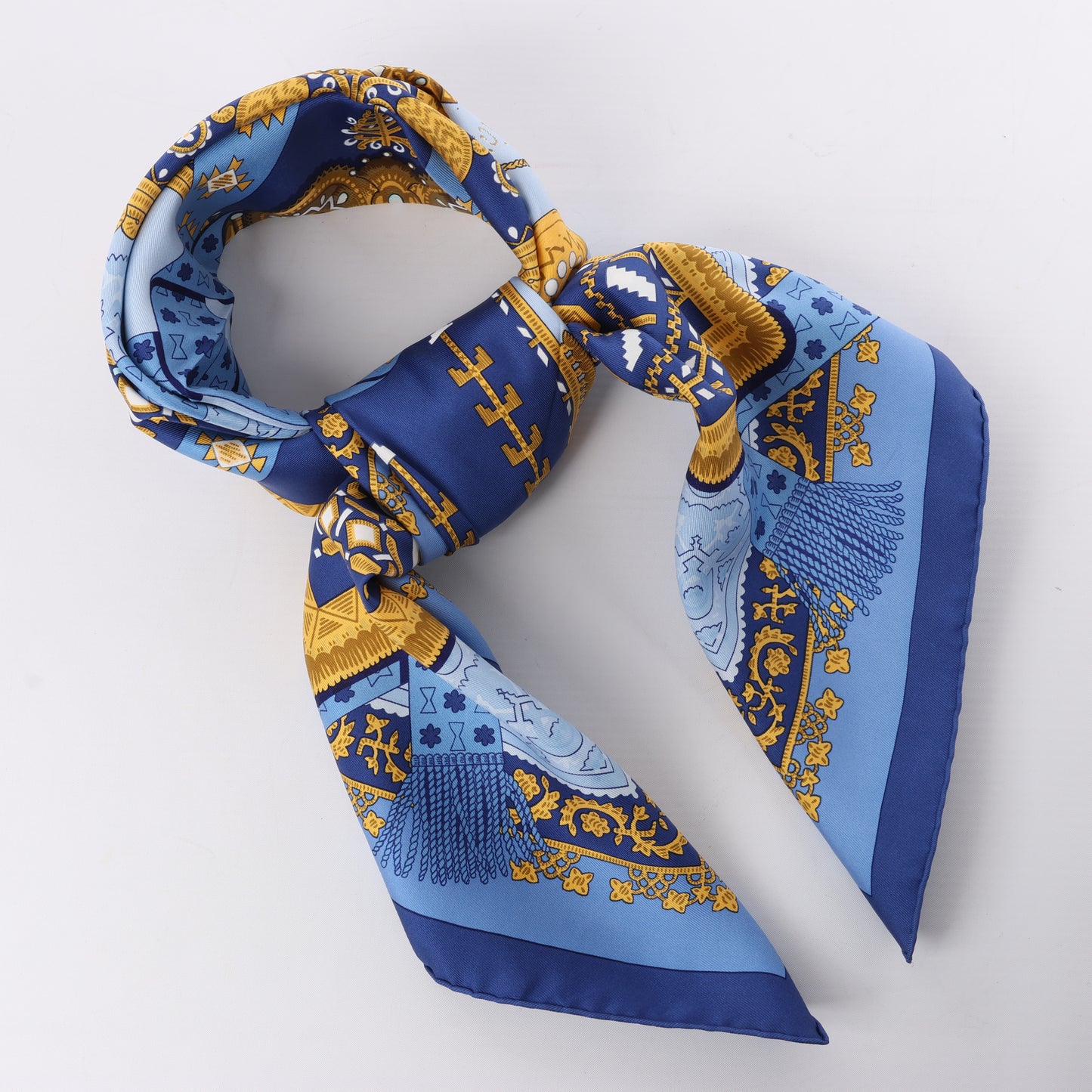 Hermès Carré 90 "Brins d’or Kin" 100% Silk Scarf in Blue