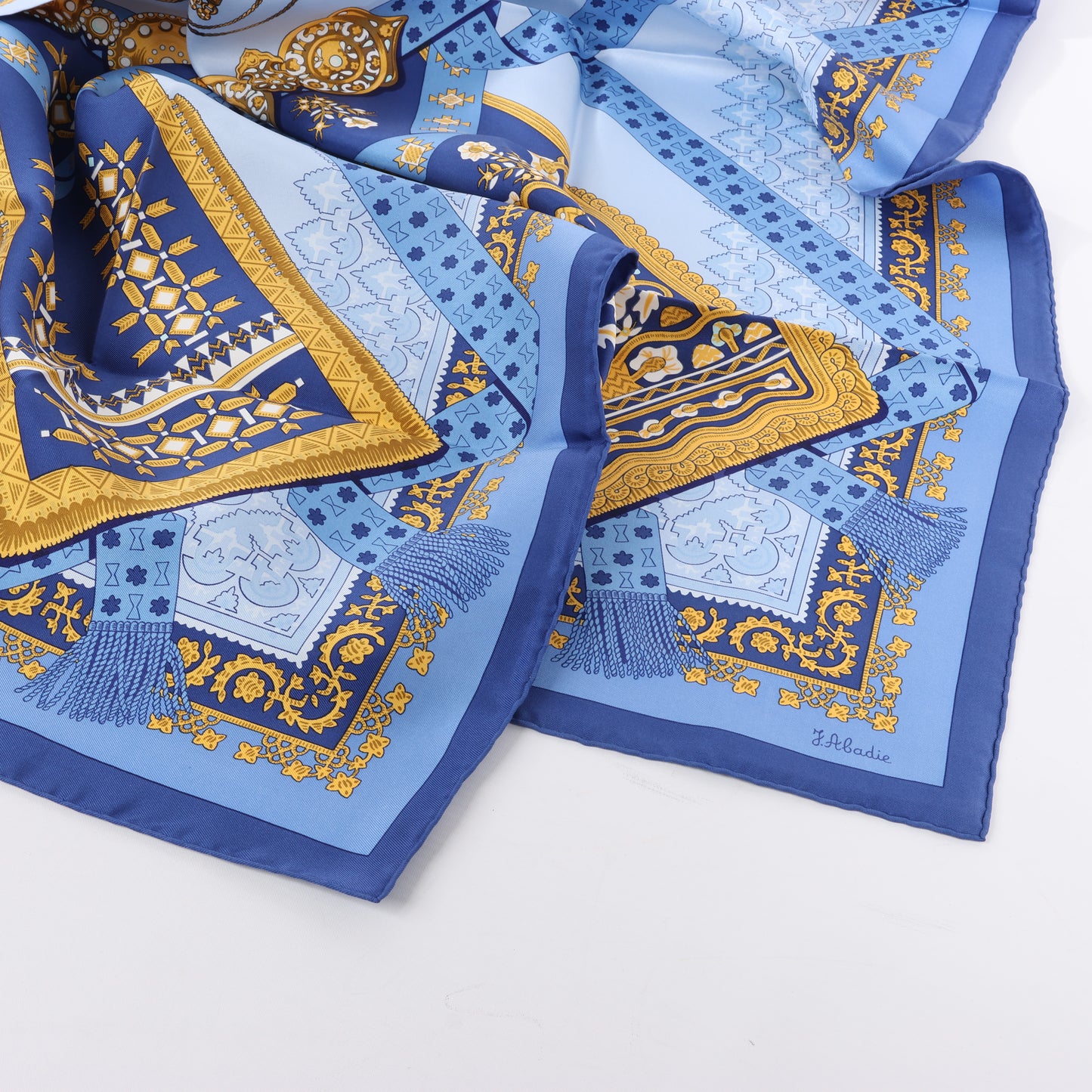 Hermès Carré 90 "Brins d’or Kin" 100% Silk Scarf in Blue
