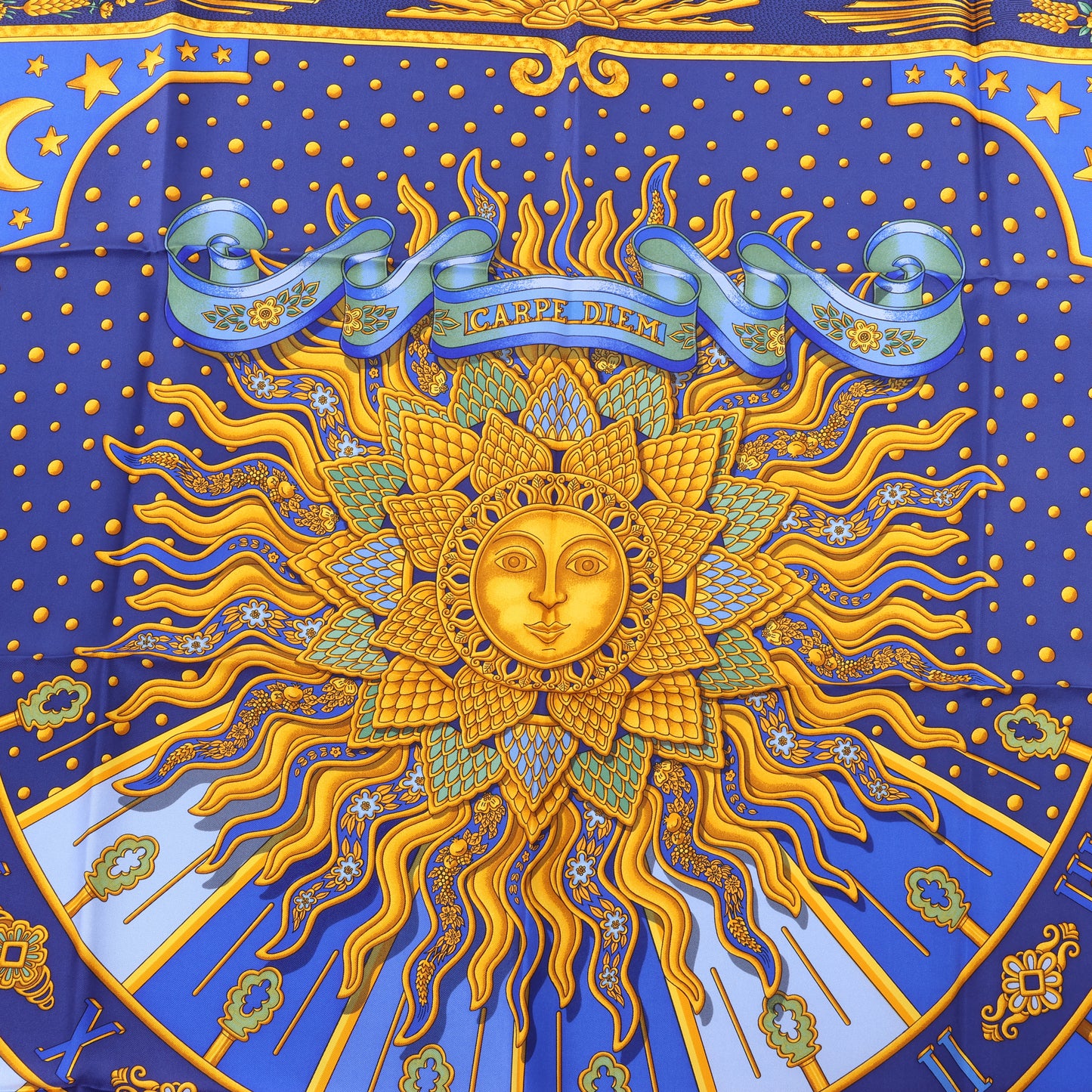 Hermès Carré 90 "CARPE DIEM" 100% Silk Scarf in Blue