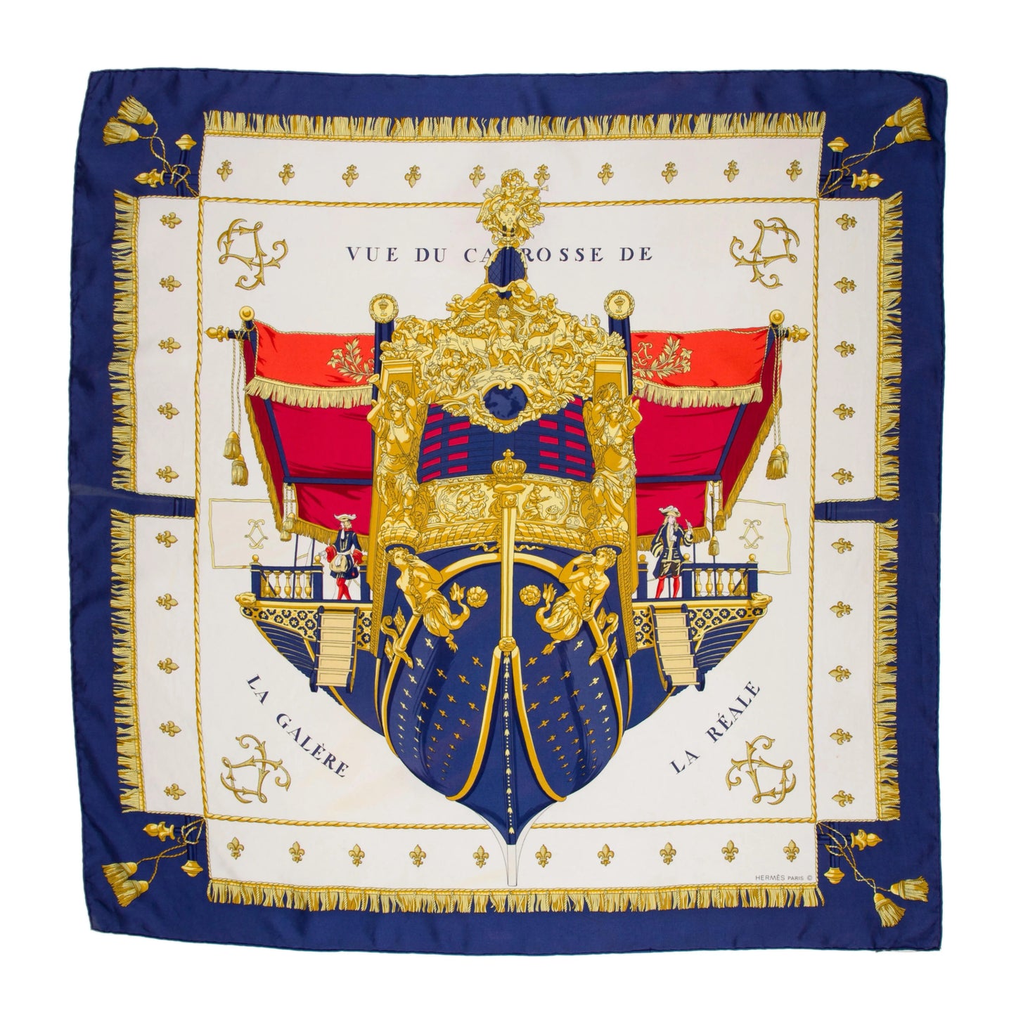 Hermès Carré 90 "Vue du Carrosse de la Galère La Réale" 100% Silk Scarf in Blue