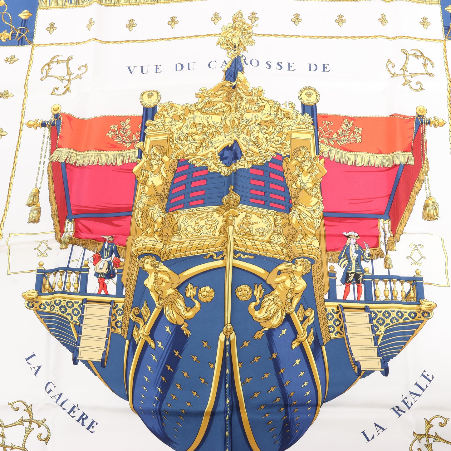 Hermès Carré 90 "Vue du Carrosse de la Galère La Réale" 100% Silk Scarf in Blue