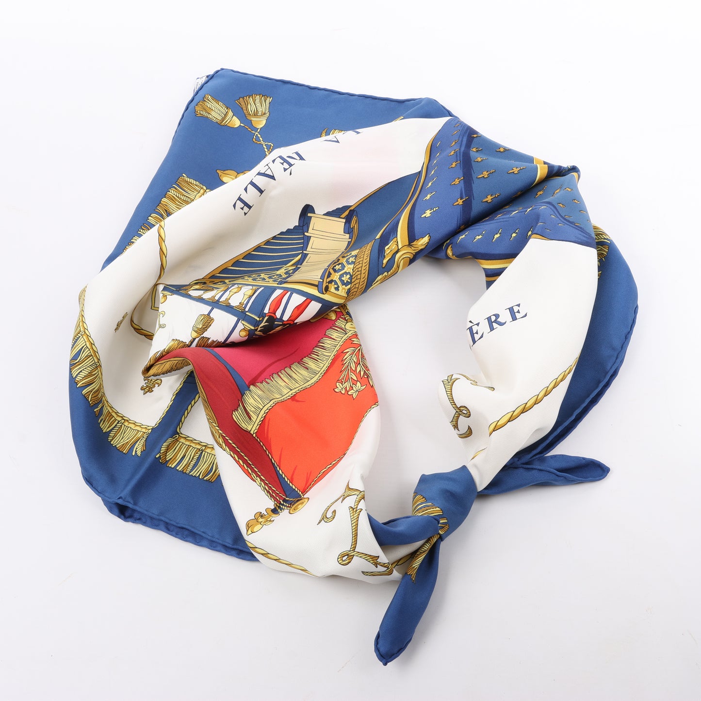 Hermès Carré 90 "Vue du Carrosse de la Galère La Réale" 100% Silk Scarf in Blue