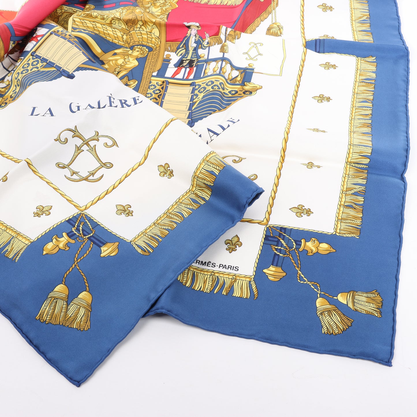 Hermès Carré 90 "Vue du Carrosse de la Galère La Réale" 100% Silk Scarf in Blue