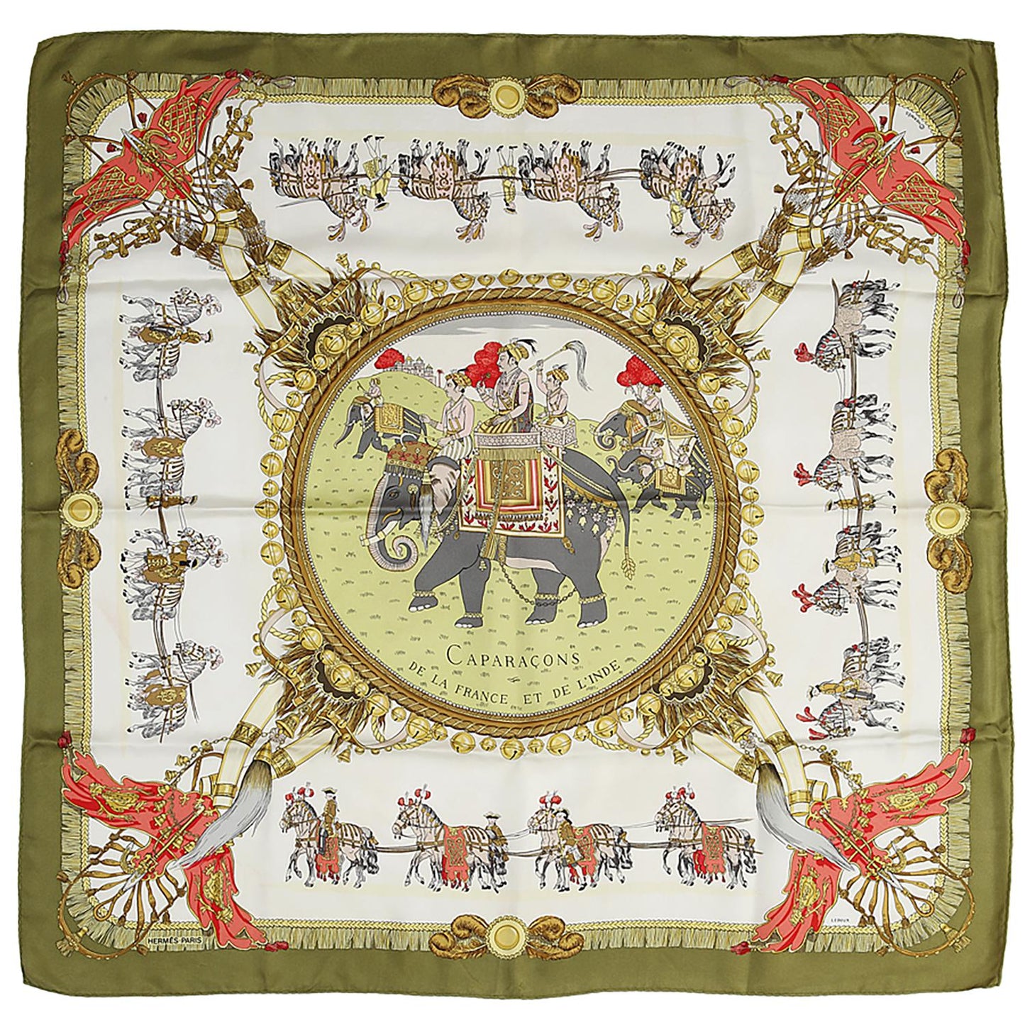 Hermès Carré 90 "Caparacons De La France Et De L'Inde" 100% Silk Scarf in Green