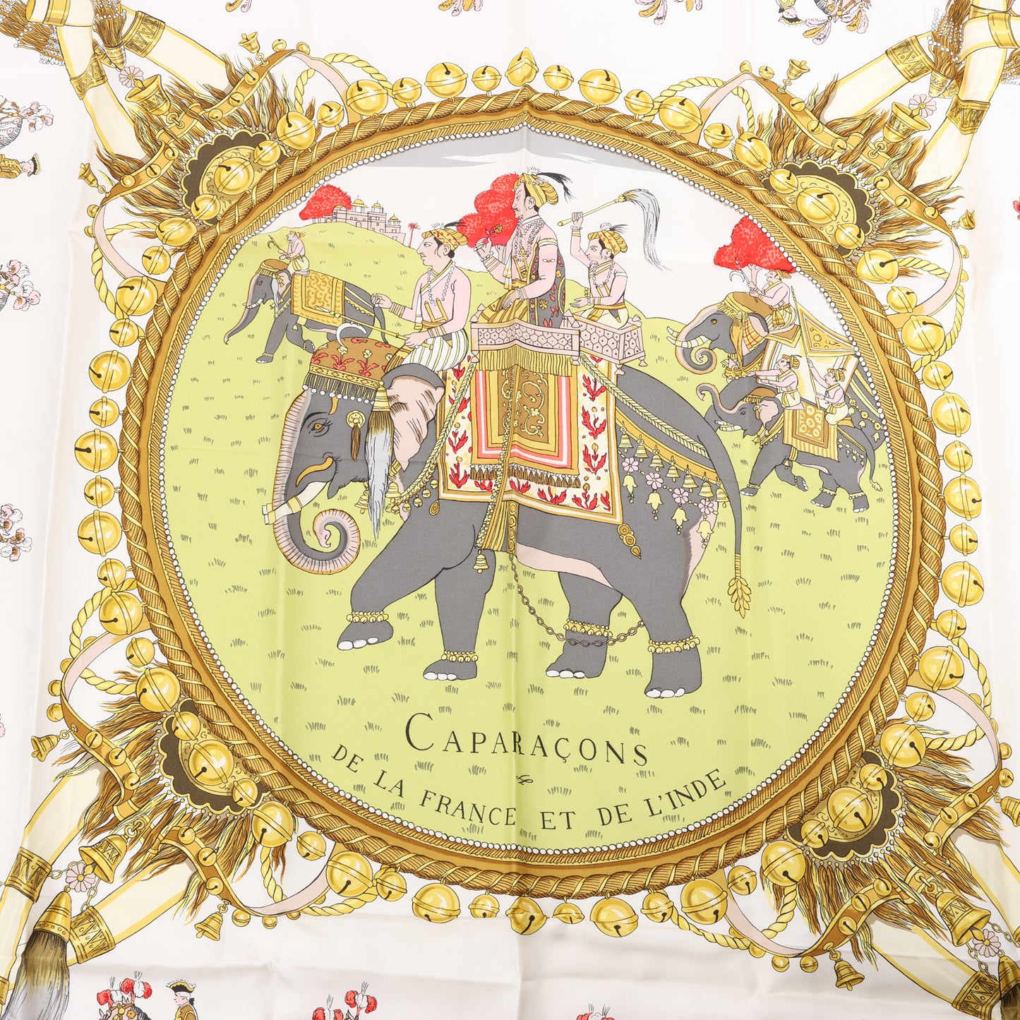 Hermès Carré 90 "Caparacons De La France Et De L'Inde" 100% Silk Scarf in Green