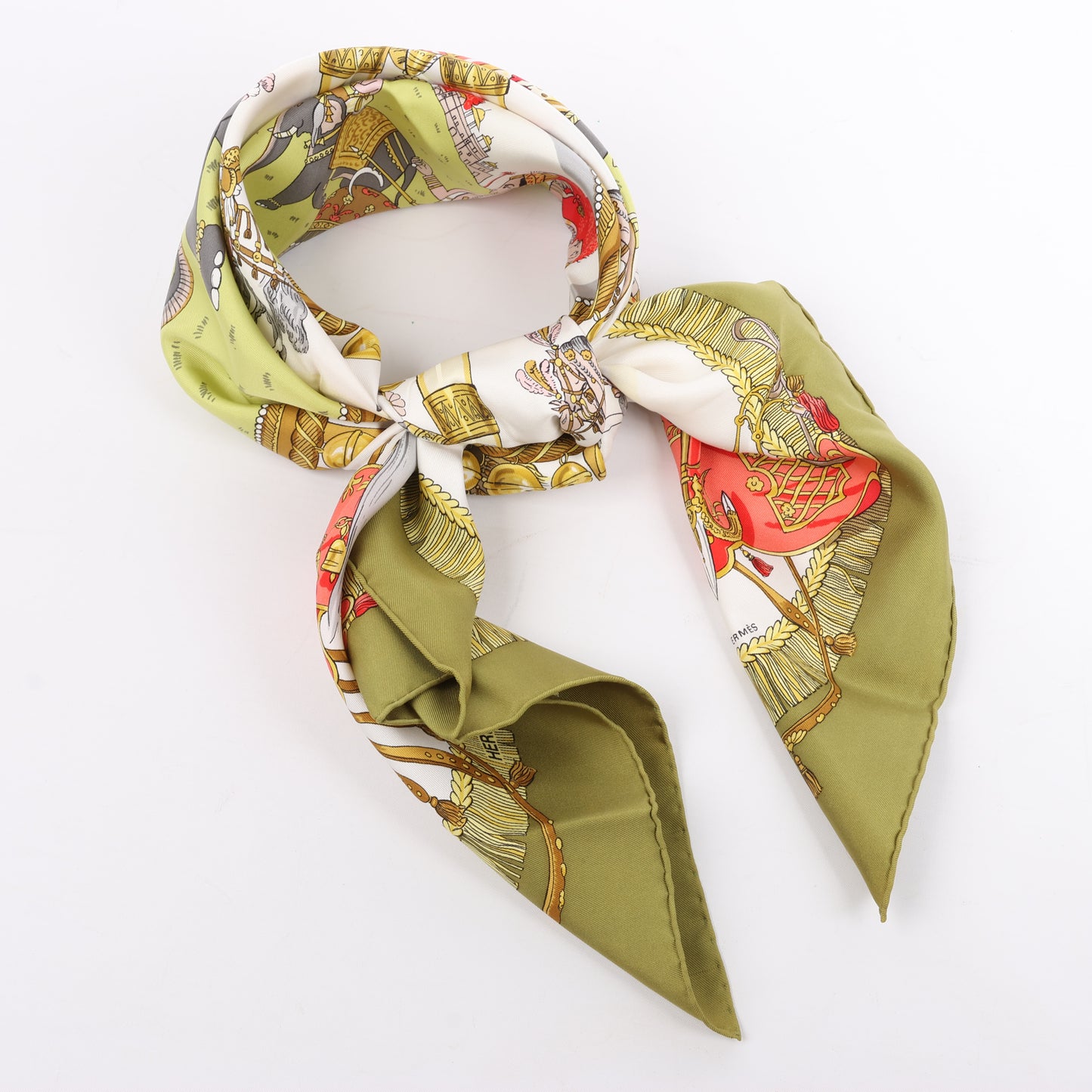 Hermès Carré 90 "Caparacons De La France Et De L'Inde" 100% Silk Scarf in Green