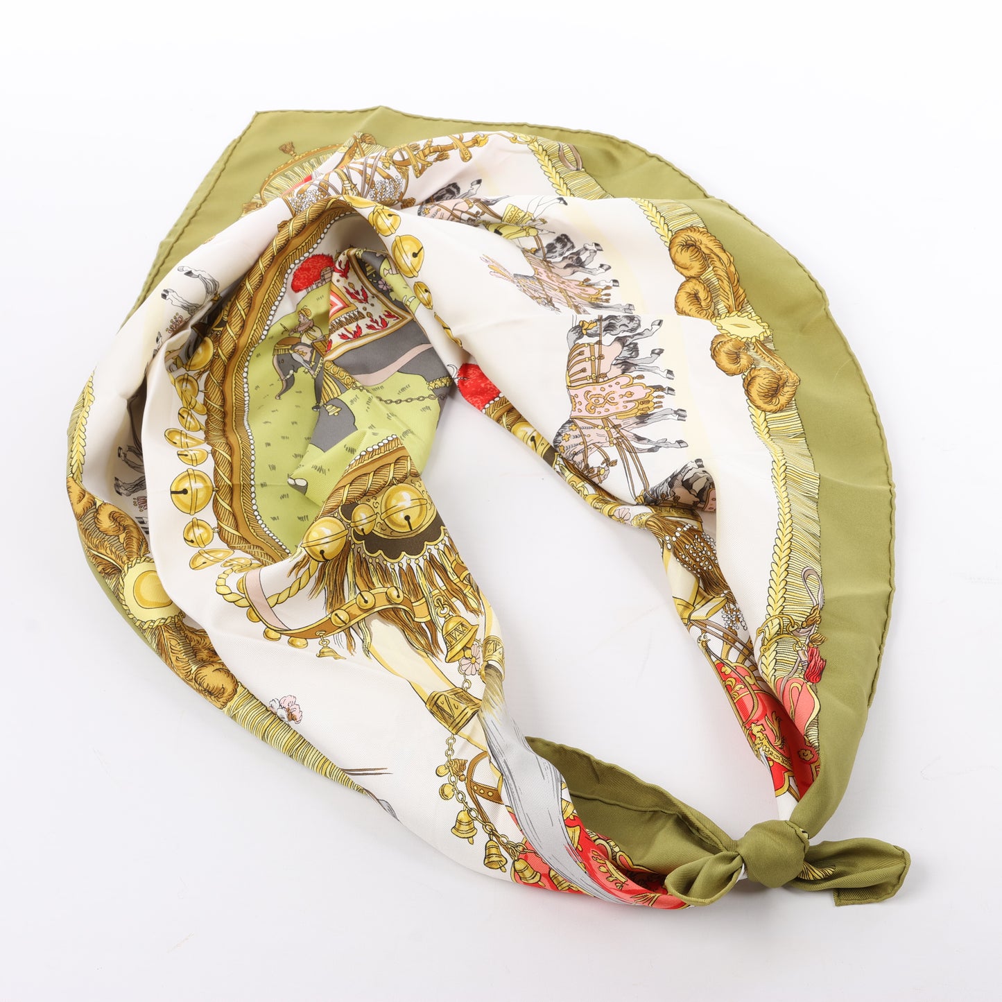 Hermès Carré 90 "Caparacons De La France Et De L'Inde" 100% Silk Scarf in Green