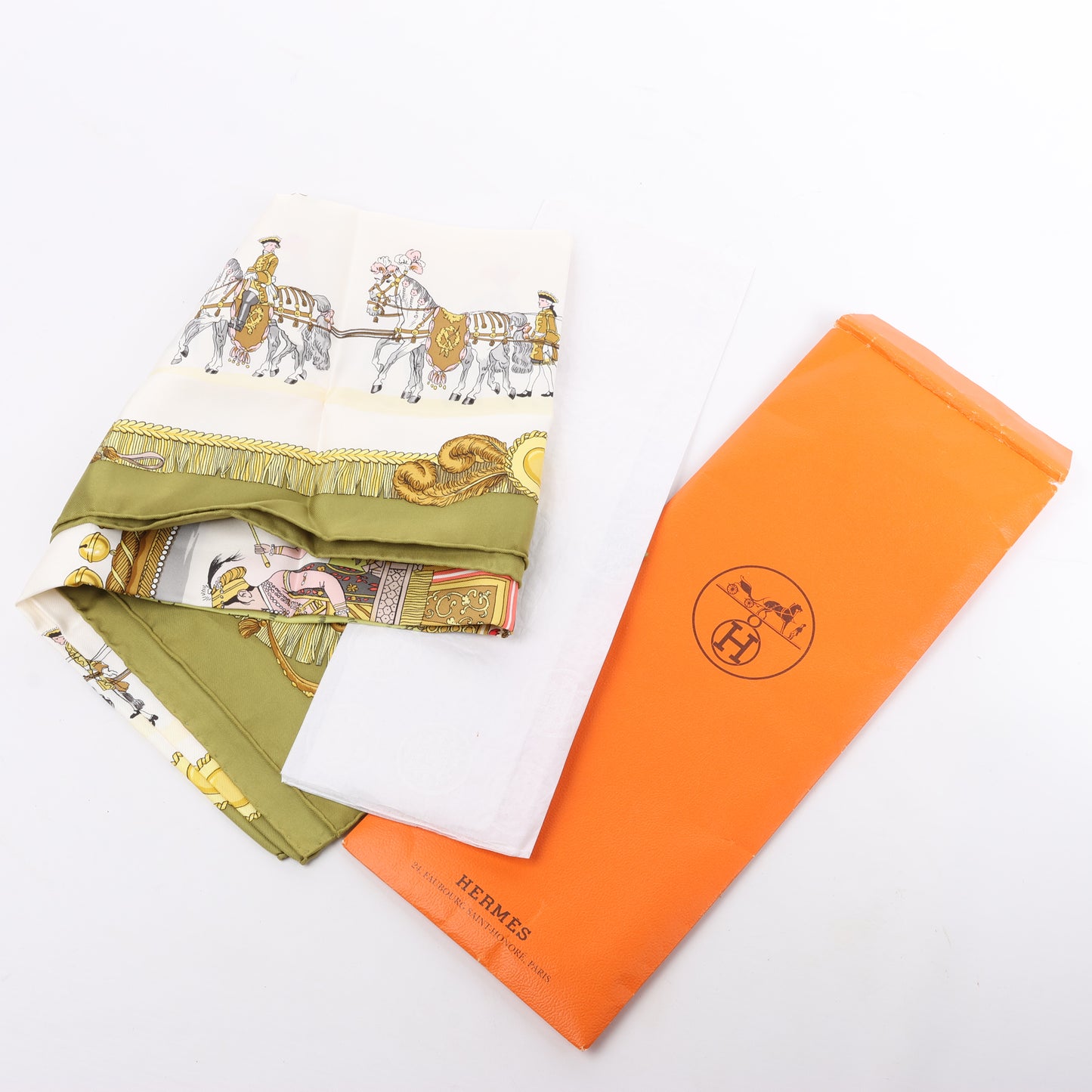 Hermès Carré 90 "Caparacons De La France Et De L'Inde" 100% Silk Scarf in Green
