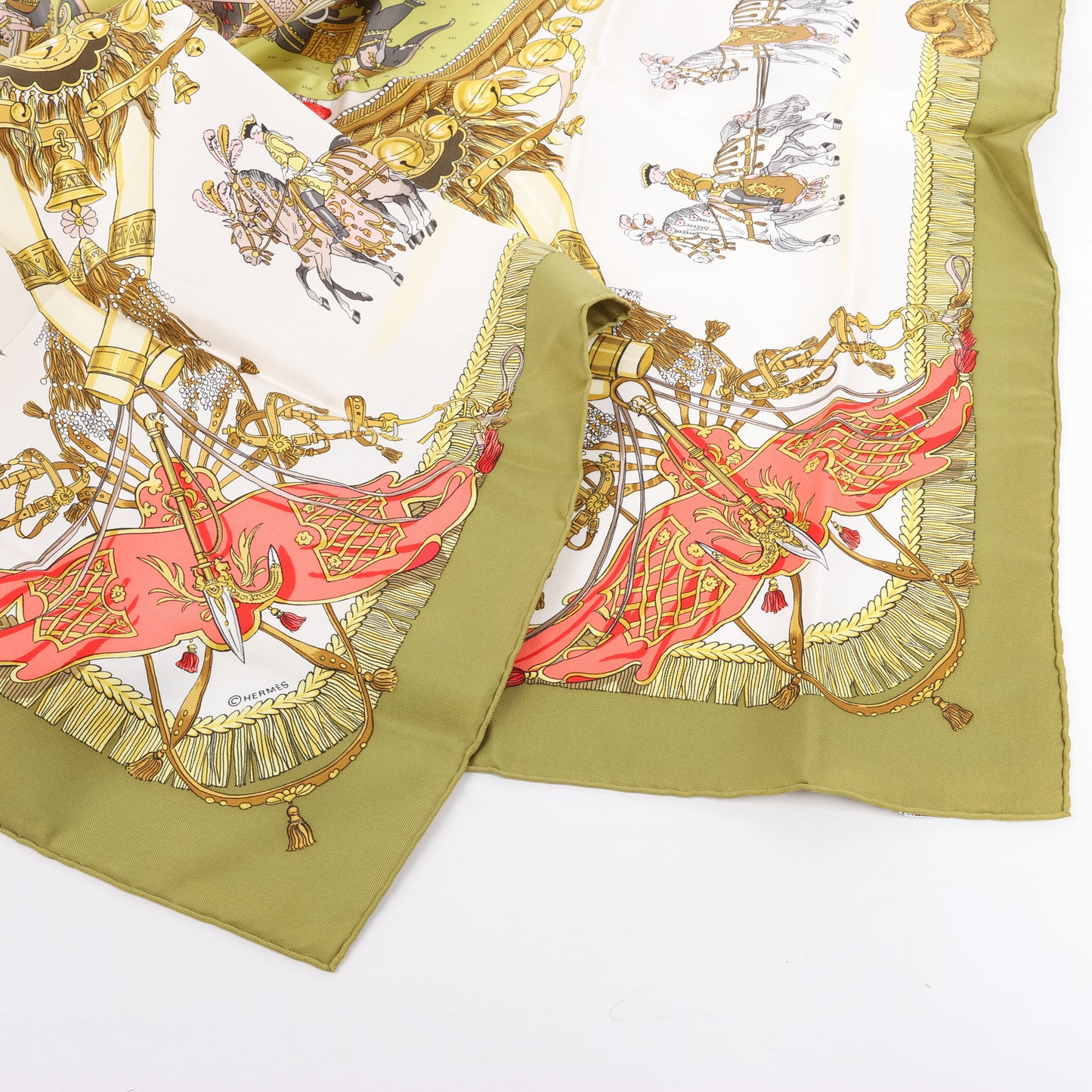 Hermès Carré 90 "Caparacons De La France Et De L'Inde" 100% Silk Scarf in Green