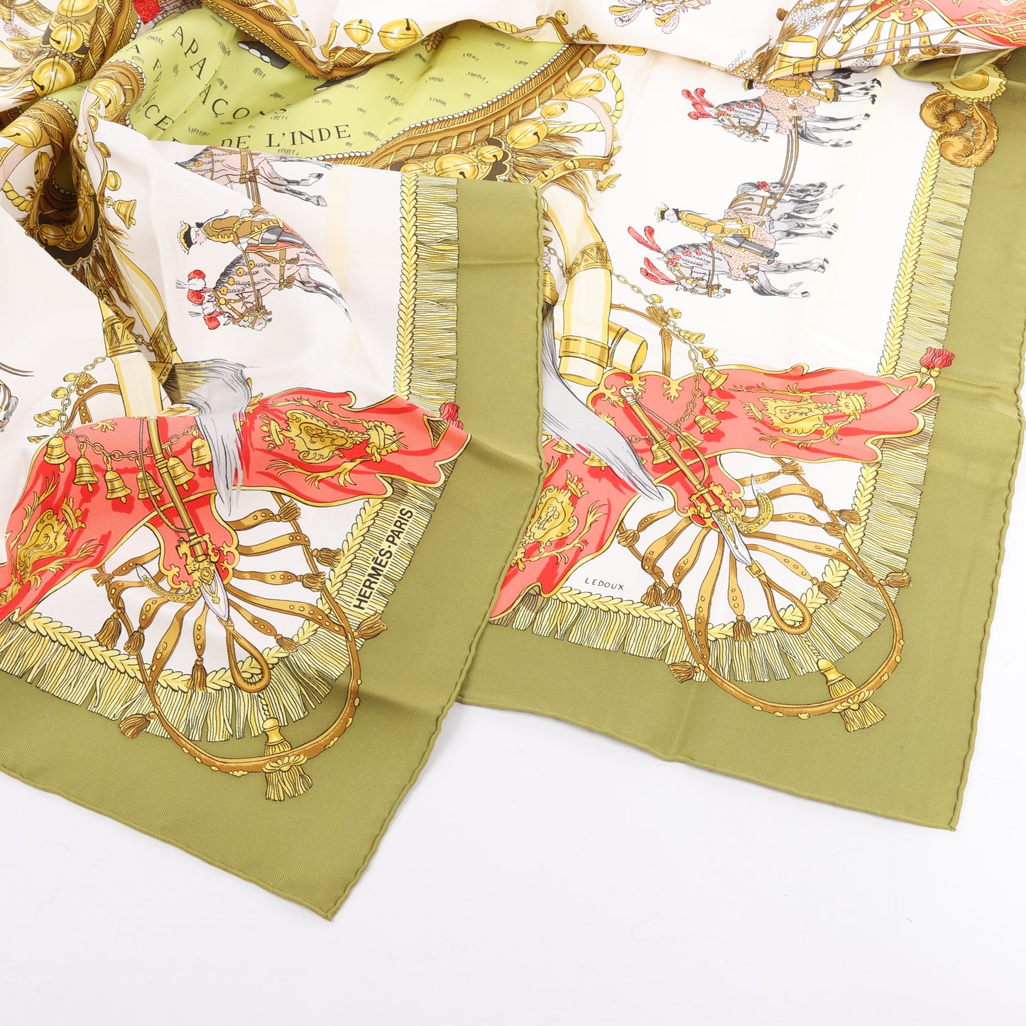 Hermès Carré 90 "Caparacons De La France Et De L'Inde" 100% Silk Scarf in Green