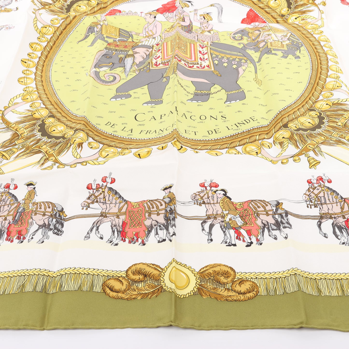 Hermès Carré 90 "Caparacons De La France Et De L'Inde" 100% Silk Scarf in Green