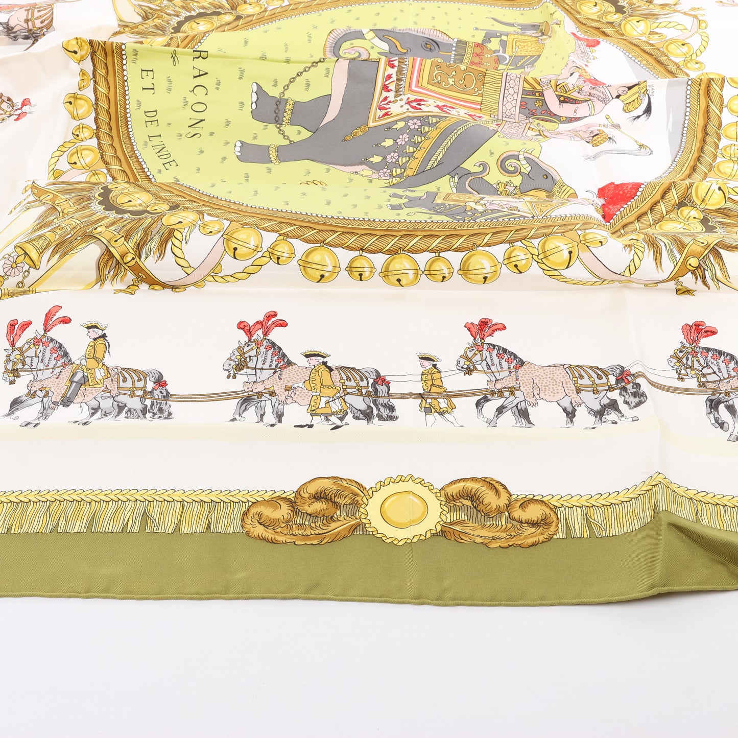 Hermès Carré 90 "Caparacons De La France Et De L'Inde" 100% Silk Scarf in Green
