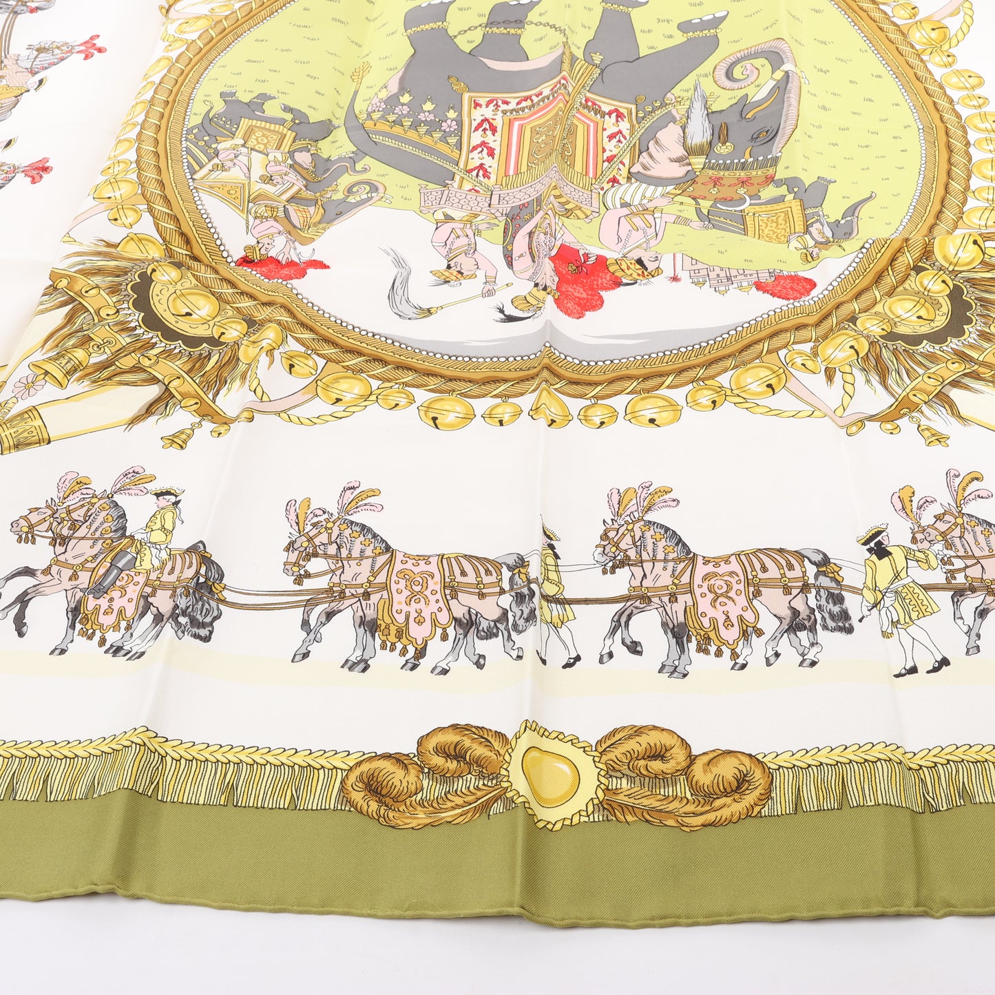 Hermès Carré 90 "Caparacons De La France Et De L'Inde" 100% Silk Scarf in Green