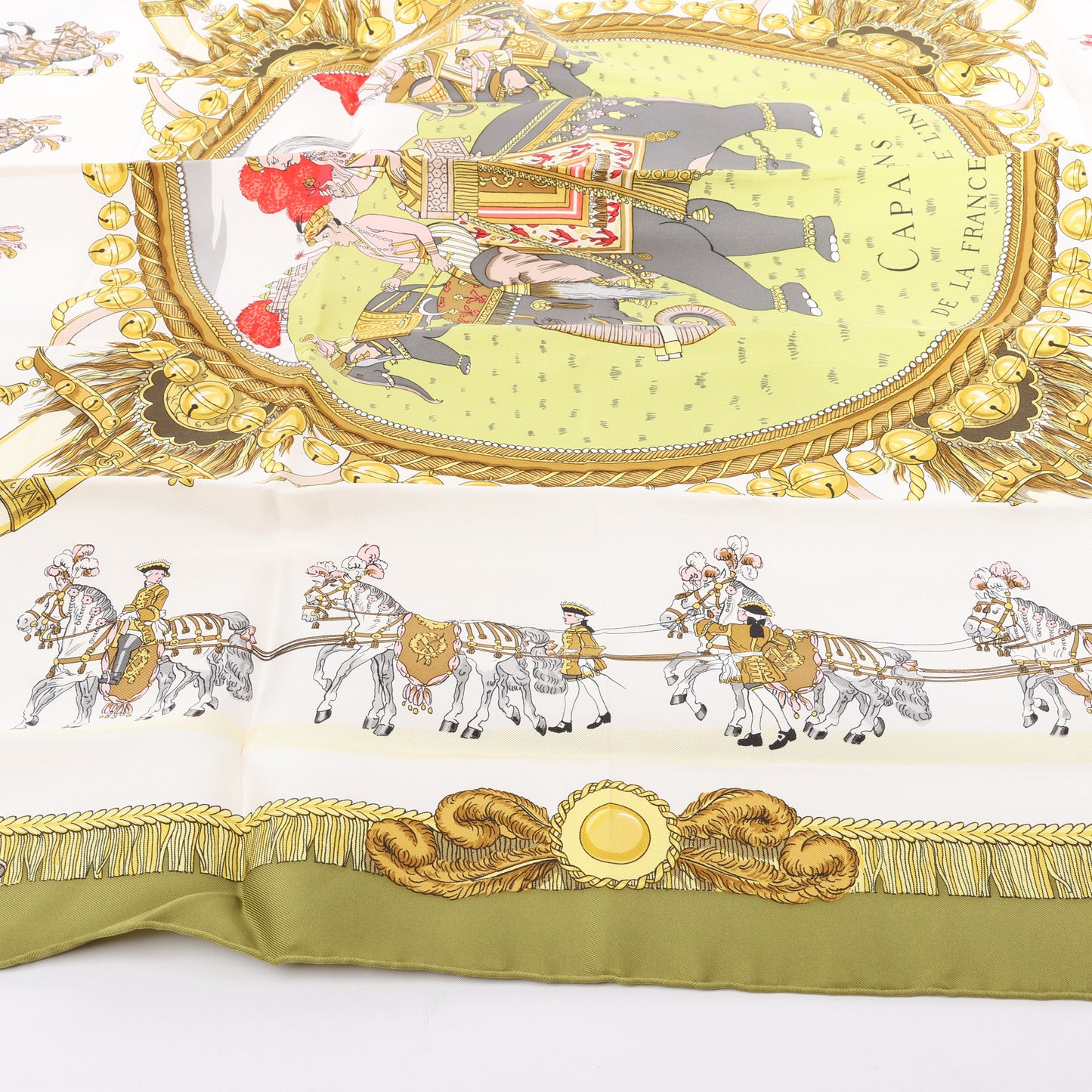 Hermès Carré 90 "Caparacons De La France Et De L'Inde" 100% Silk Scarf in Green