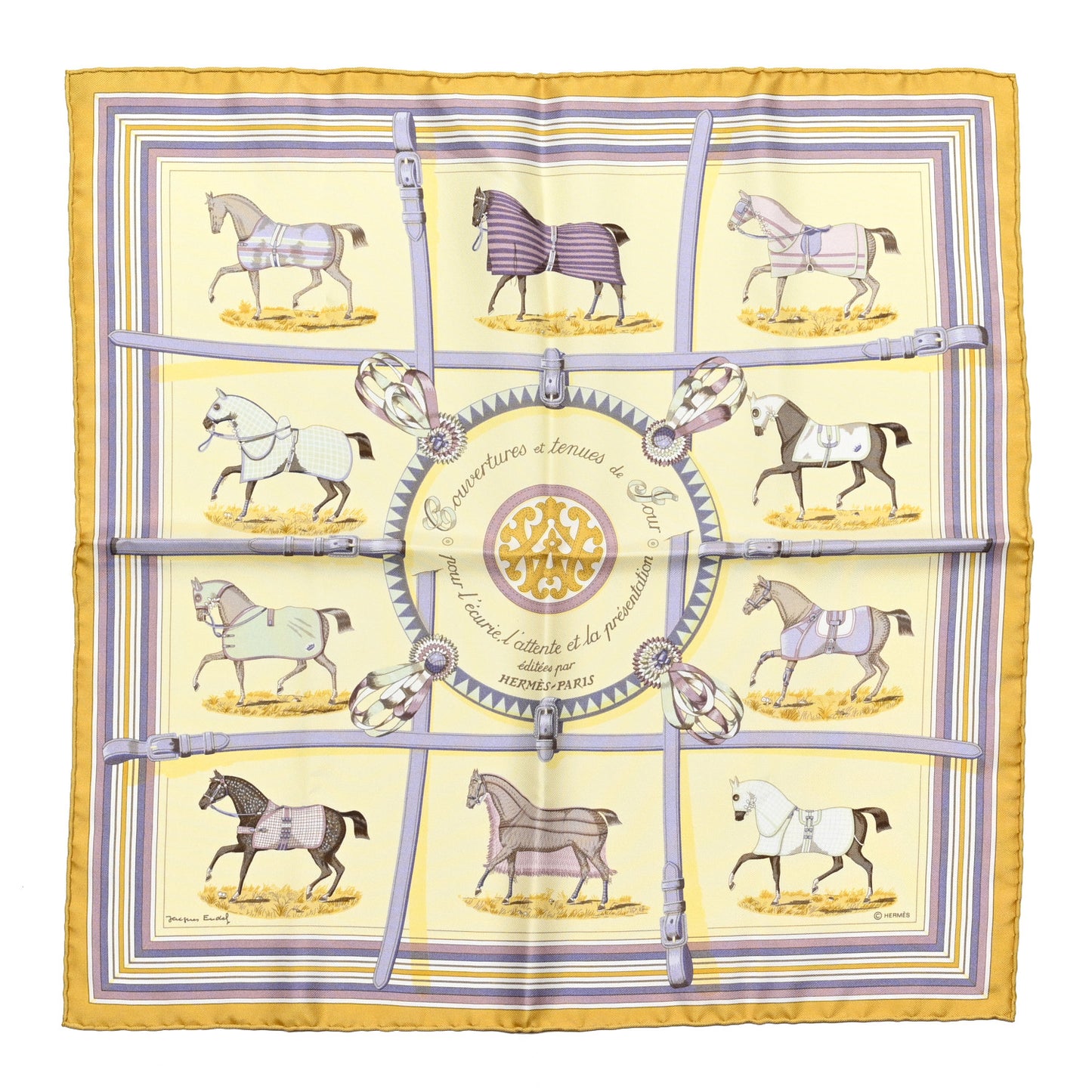 Hermès Carré 90 "Couvertures Et Tenues de Jour Pocket Square" 100% Silk Scarf in Beige