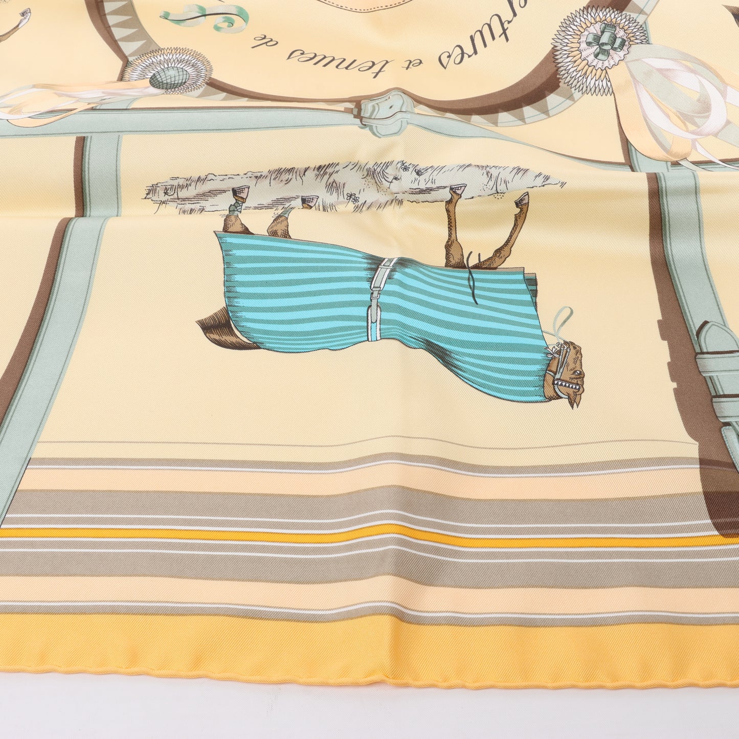 Hermès Carré 90 "Couvertures Et Tenues de Jour Pocket Square" 100% Silk Scarf in Beige