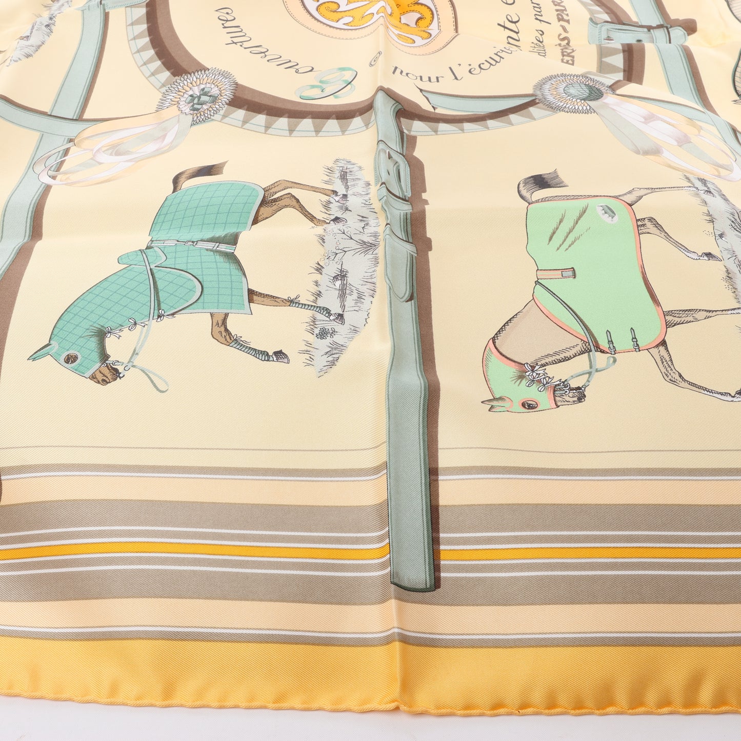 Hermès Carré 90 "Couvertures Et Tenues de Jour Pocket Square" 100% Silk Scarf in Beige