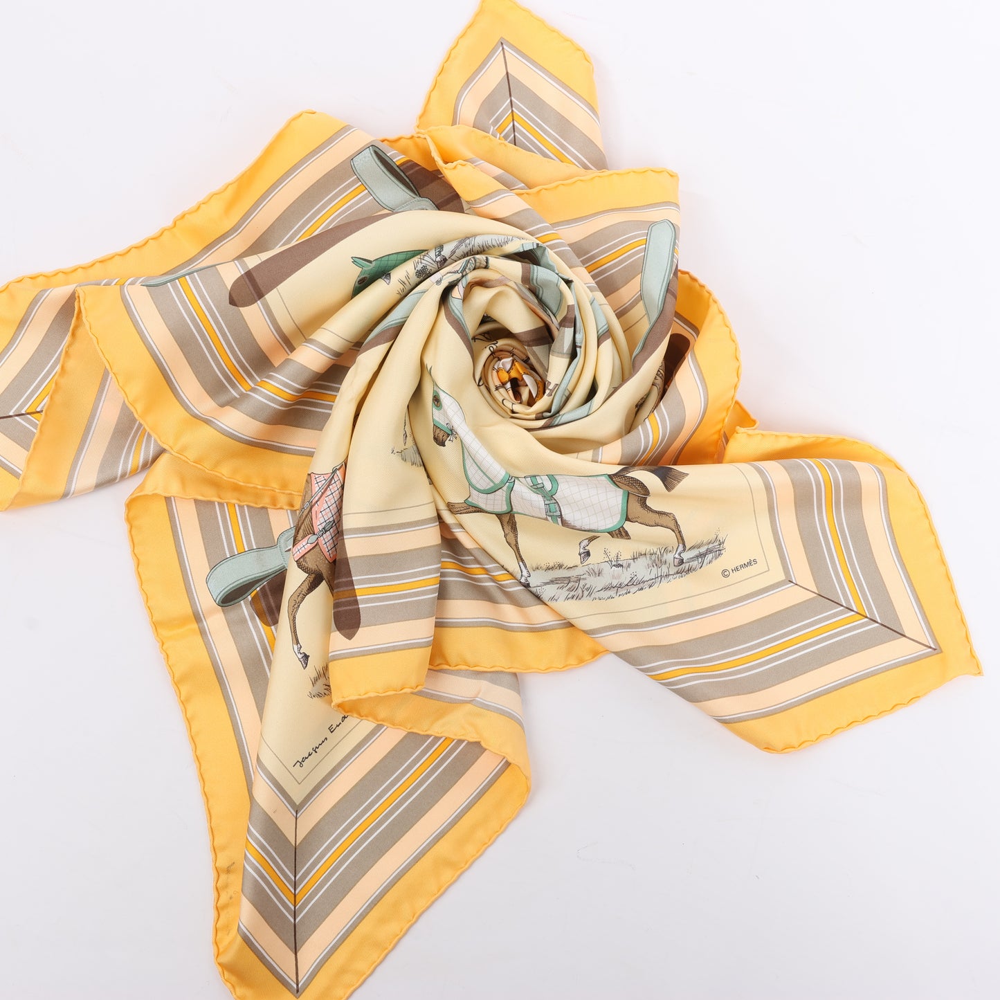 Hermès Carré 90 "Couvertures Et Tenues de Jour Pocket Square" 100% Silk Scarf in Beige