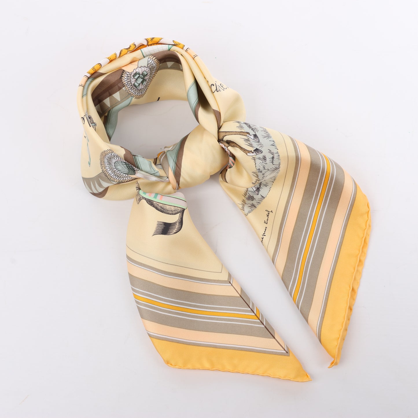 Hermès Carré 90 "Couvertures Et Tenues de Jour Pocket Square" 100% Silk Scarf in Beige