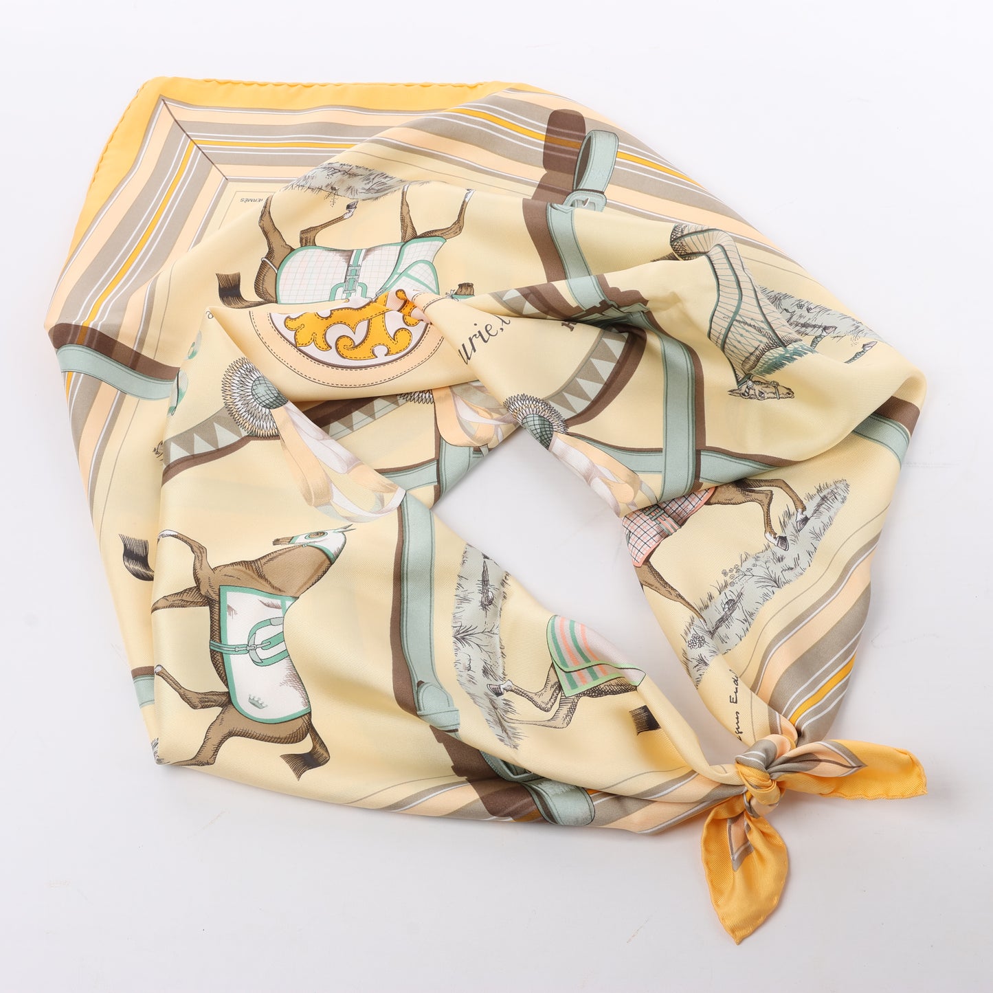 Hermès Carré 90 "Couvertures Et Tenues de Jour Pocket Square" 100% Silk Scarf in Beige